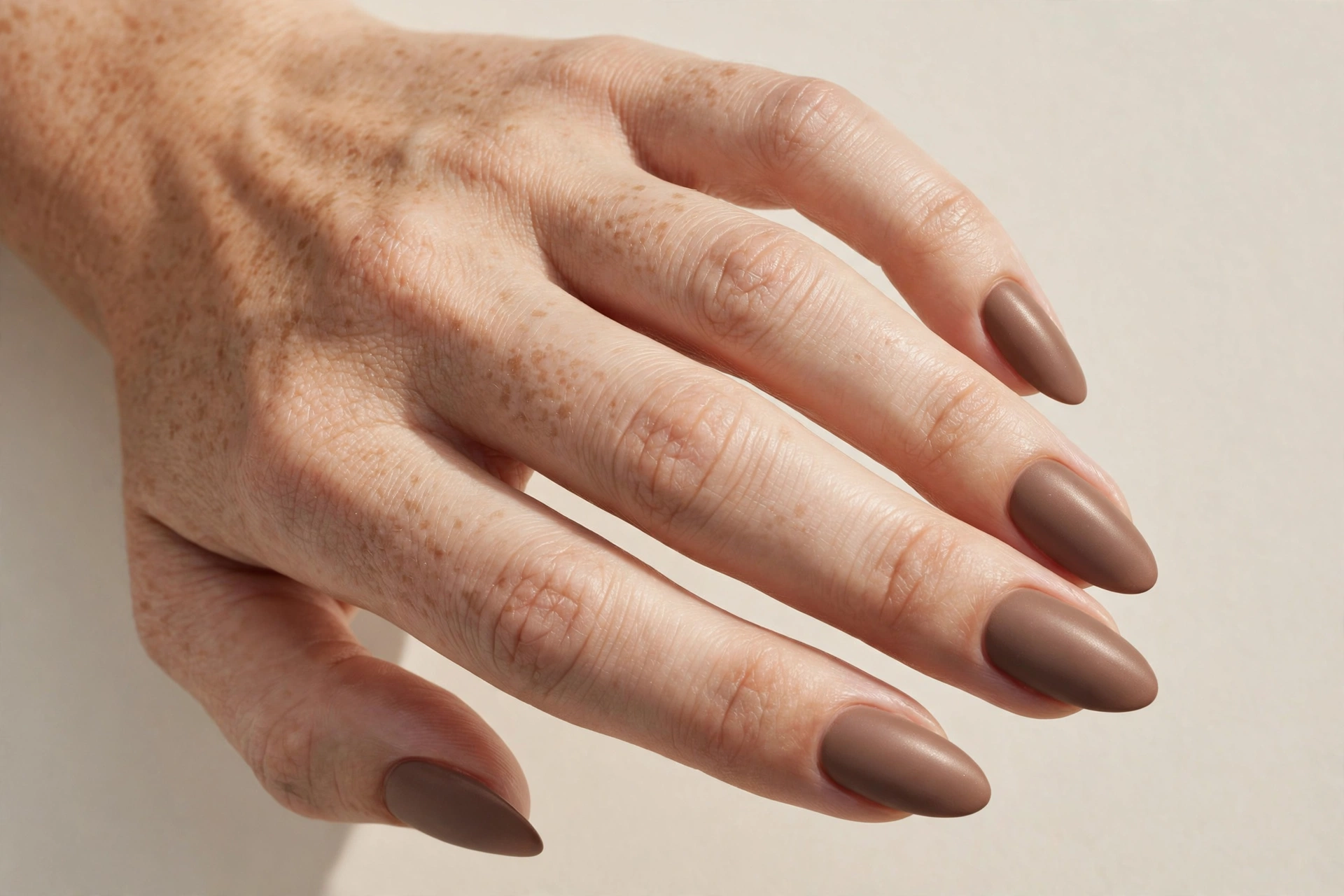 Satin finish mocha brown manicure with a soft sheen