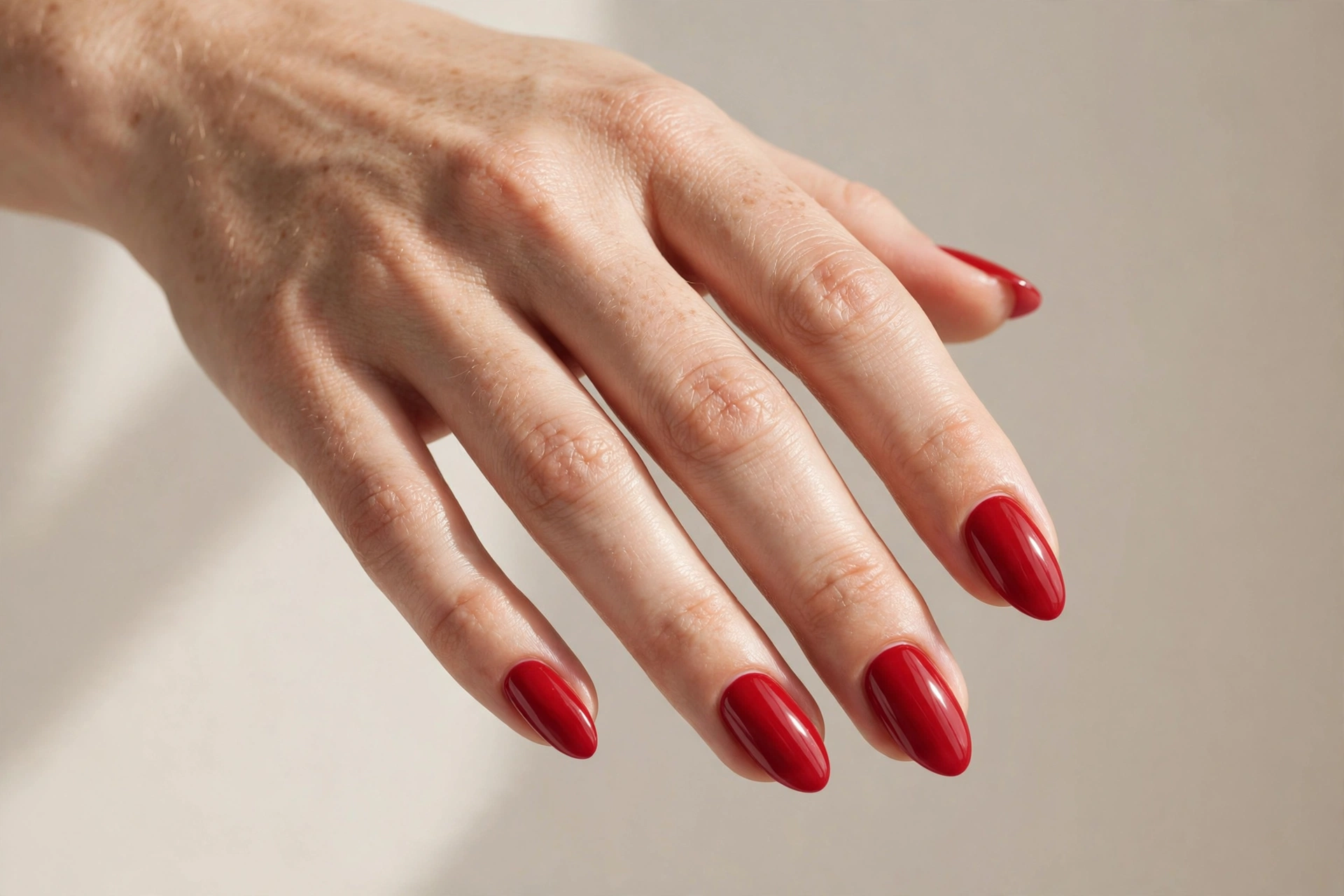 Classic red manicure on almond shaped nails with glossy finish