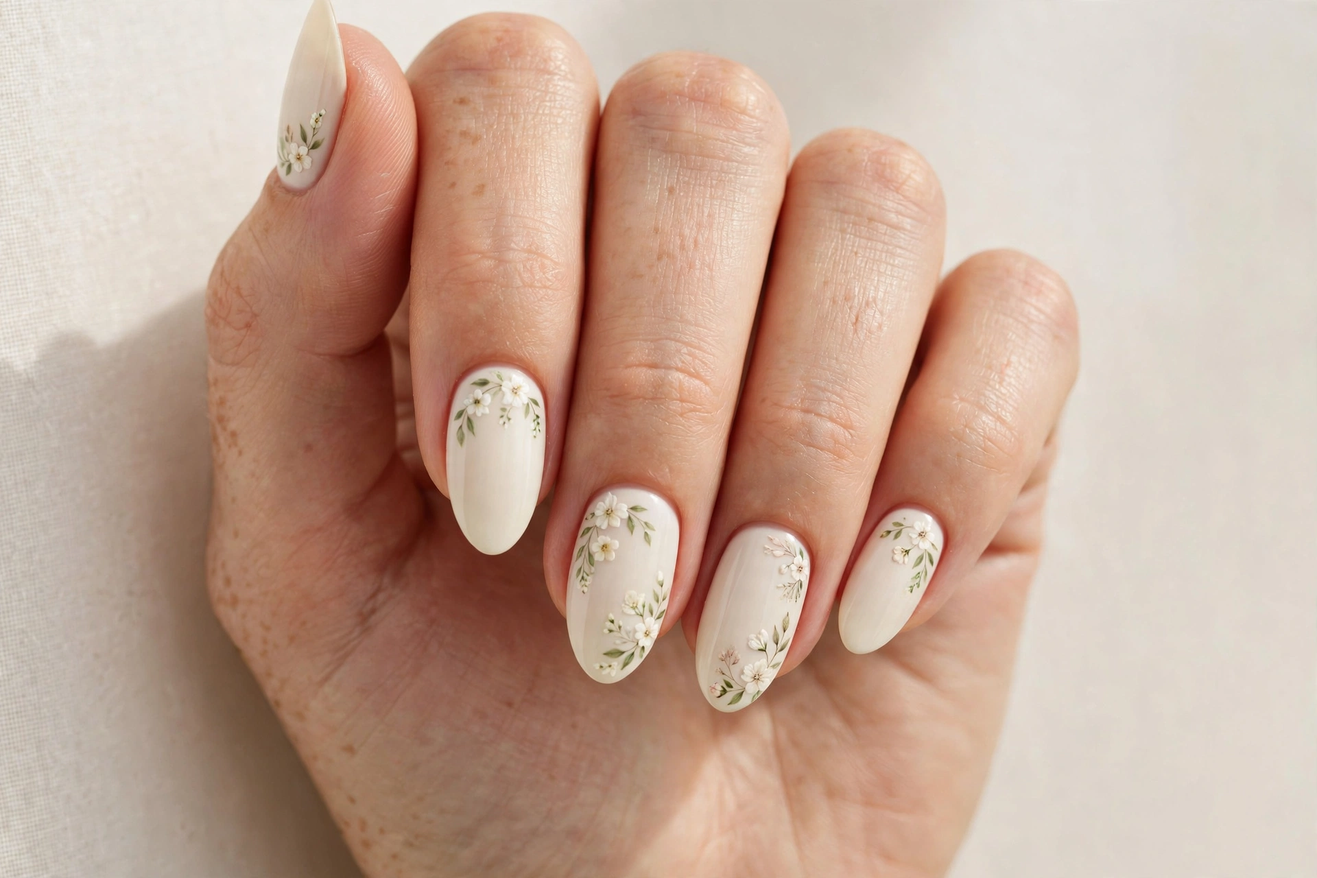 Ivory manicure with delicate hand-painted floral nail art