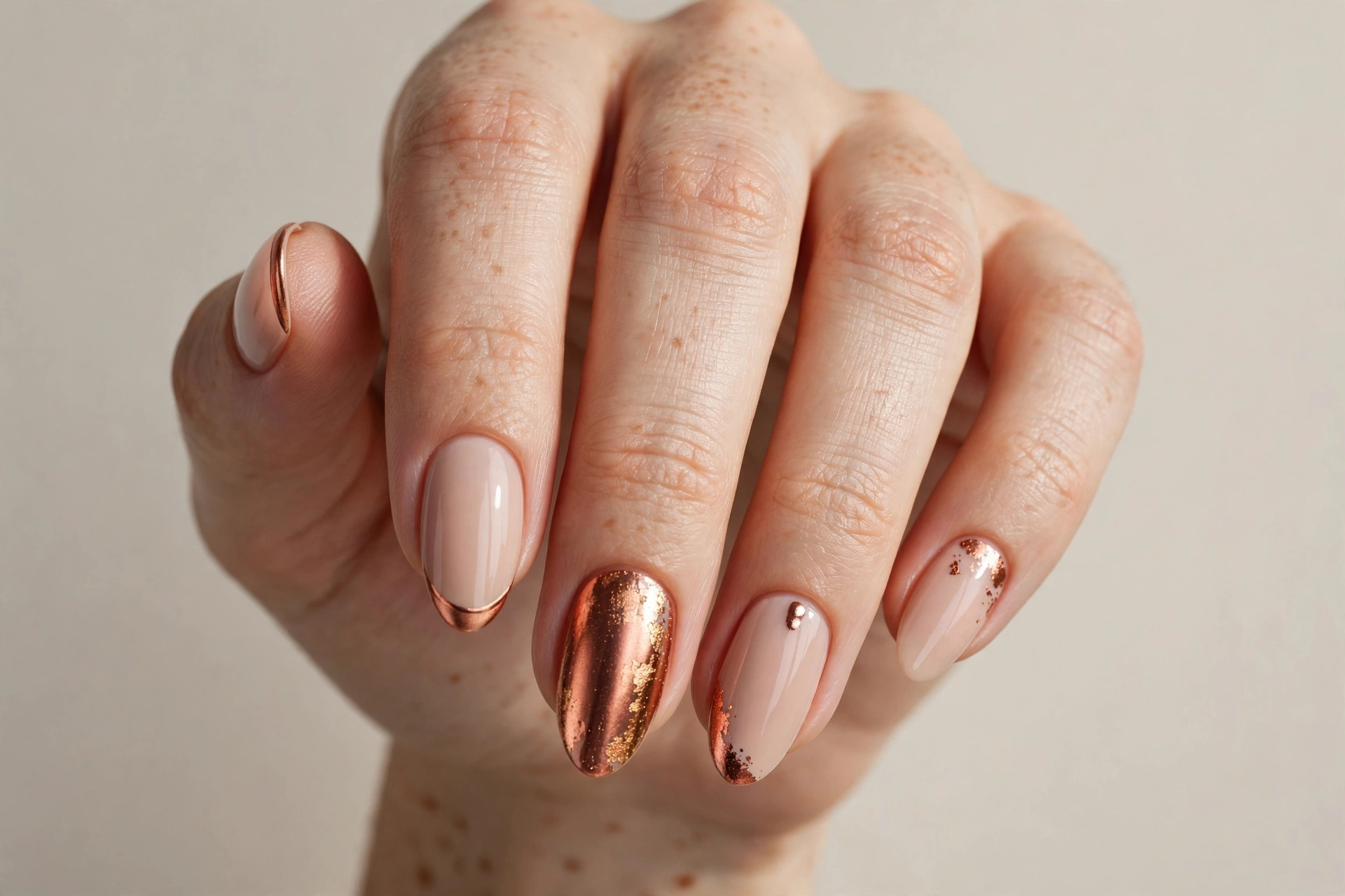 Copper metallic accent manicure with warm shimmering details