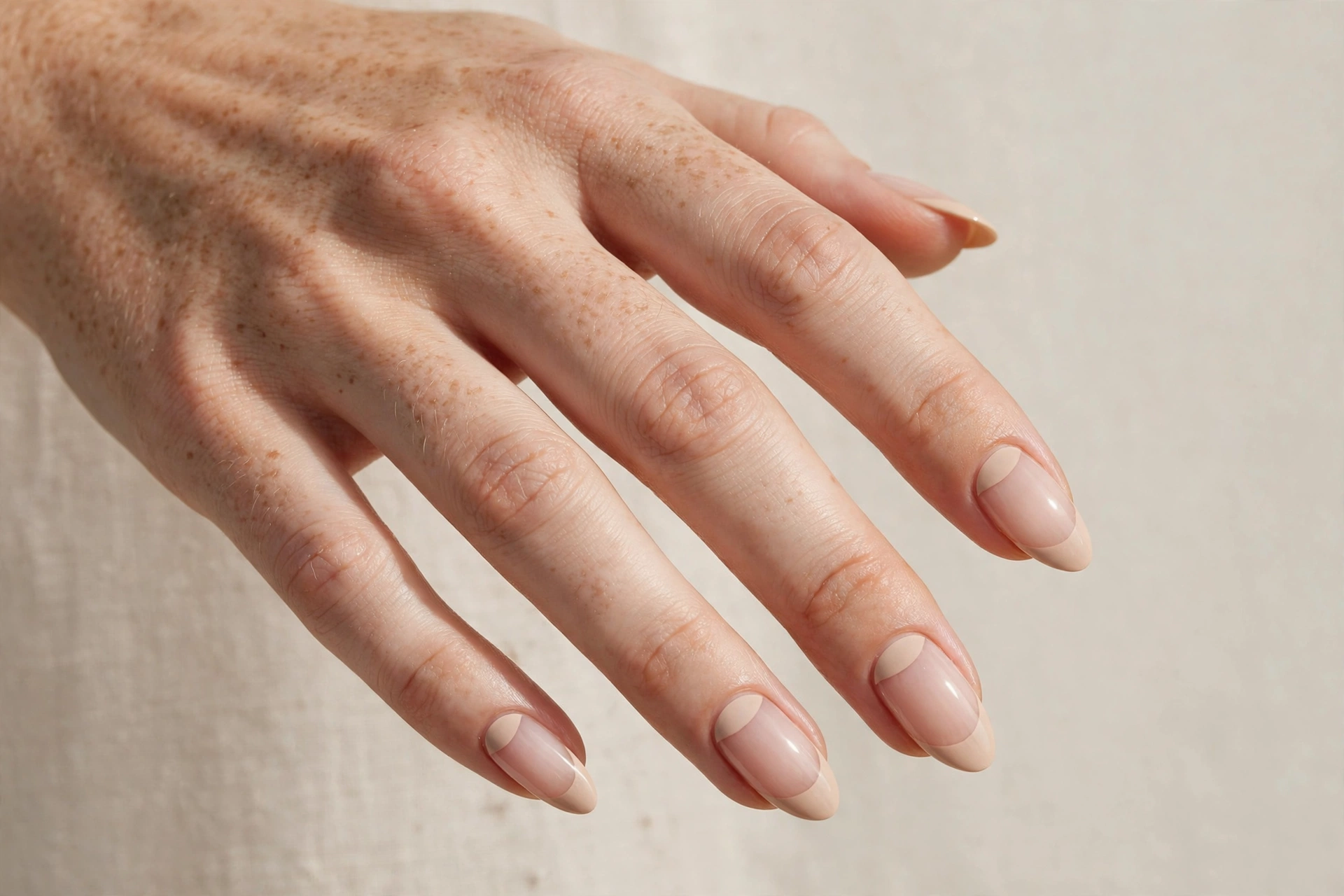 Reverse French manicure in soft beige tones along the cuticle