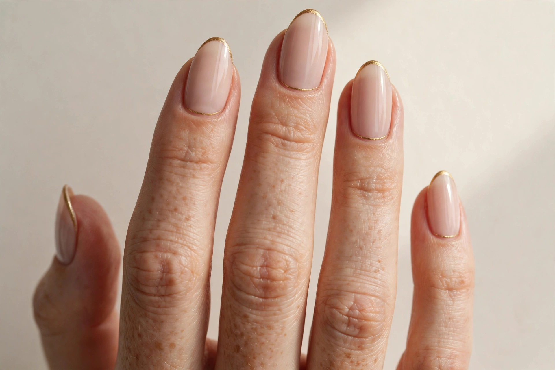 Gold micro-French tips on a nude manicure with ultra-thin lines