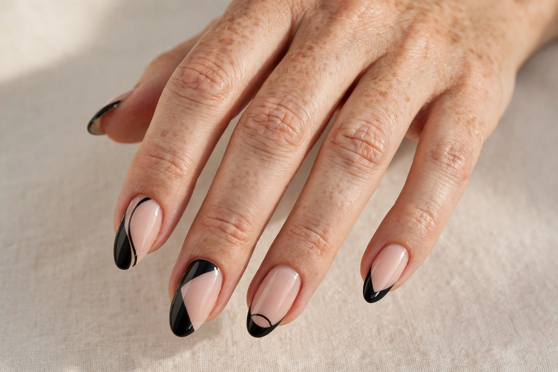 Black and nude negative space manicure with geometric bare sections