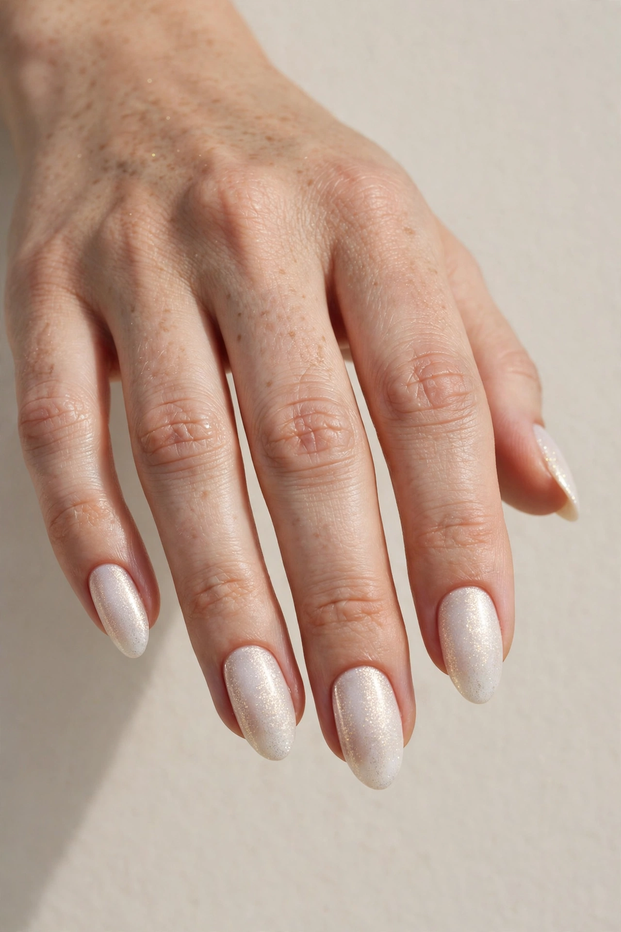 Soft white manicure with a champagne shimmer glow