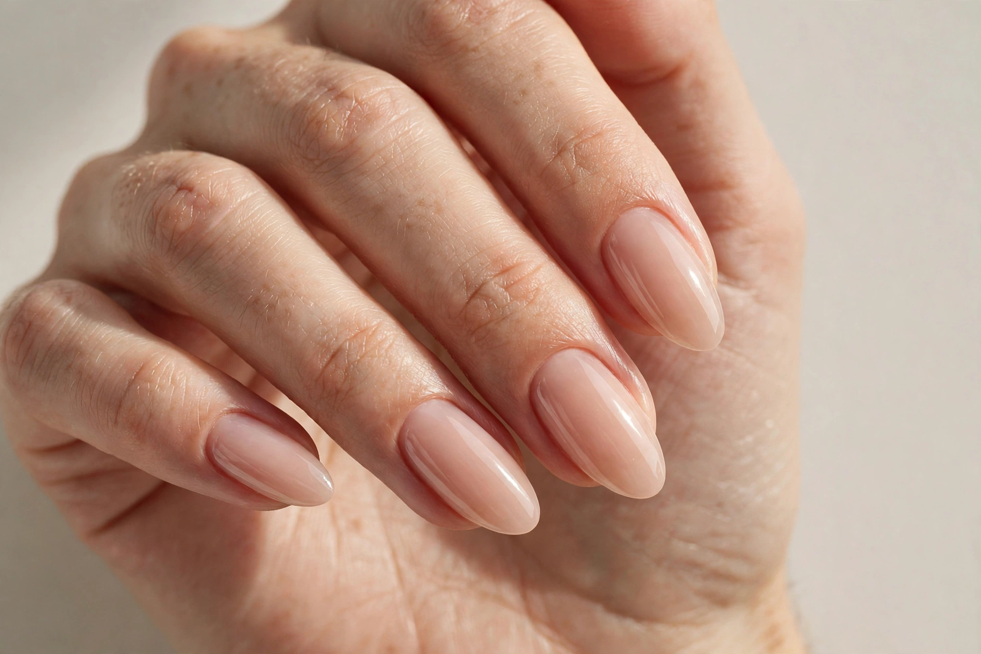 Close-up of almond nails with a barely-there sheer nude gloss manicure
