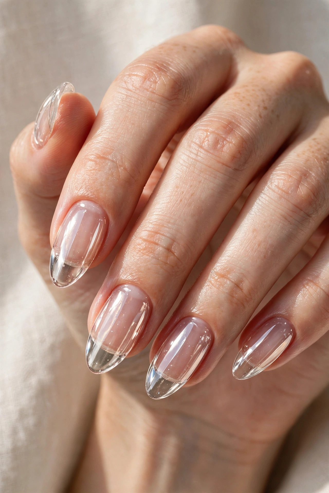 Close-up of almond nails with a Korean glass nail design, transparent and ultra glossy