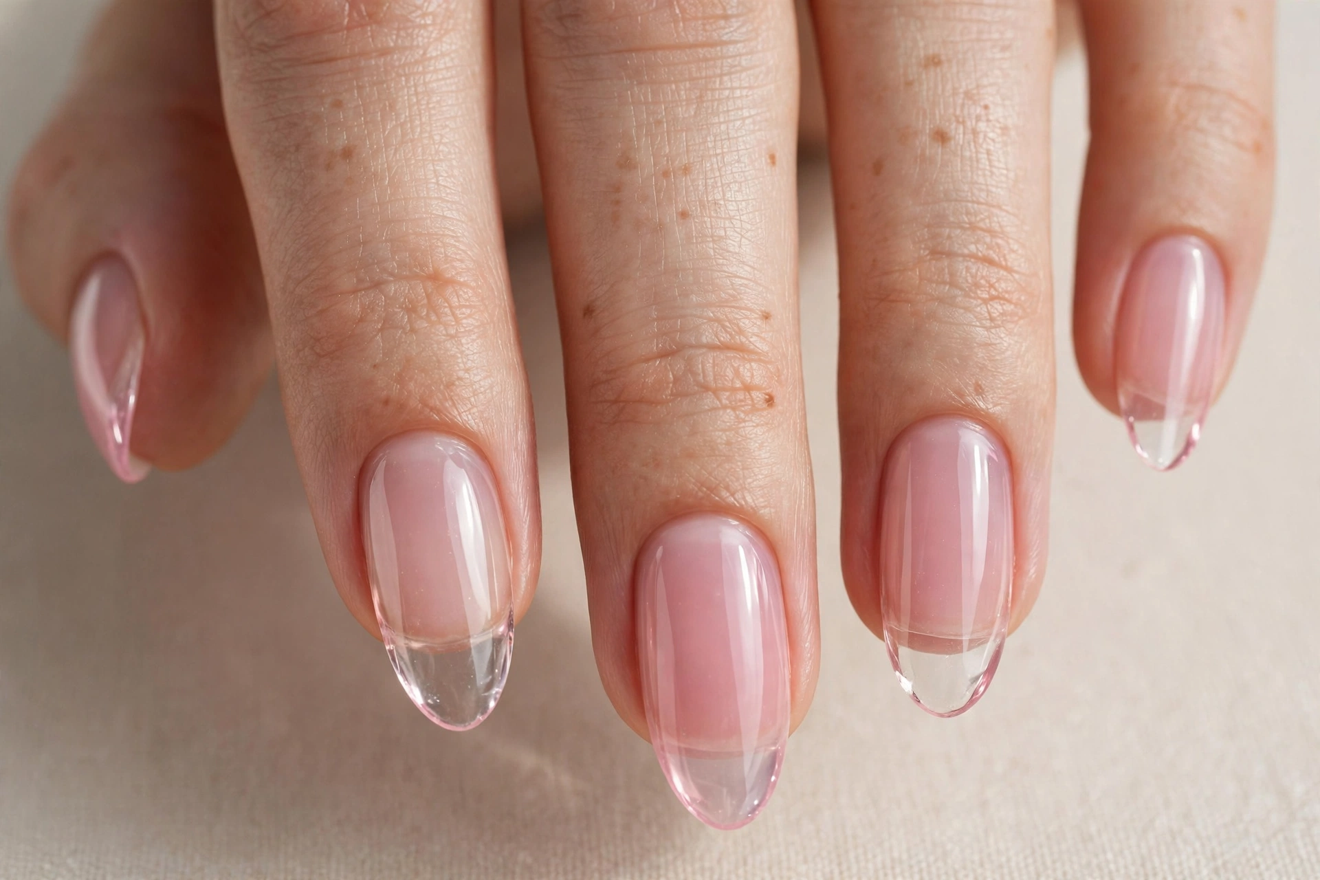 Close-up of almond nails with clear jelly tips and a soft pink translucent tint