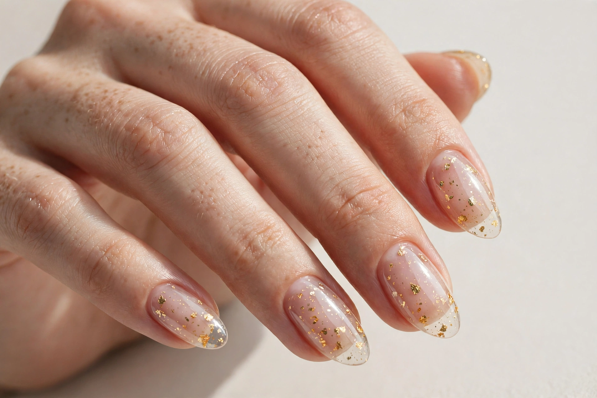 Close-up of almond nails with tiny gold flakes encapsulated under clear glossy nails