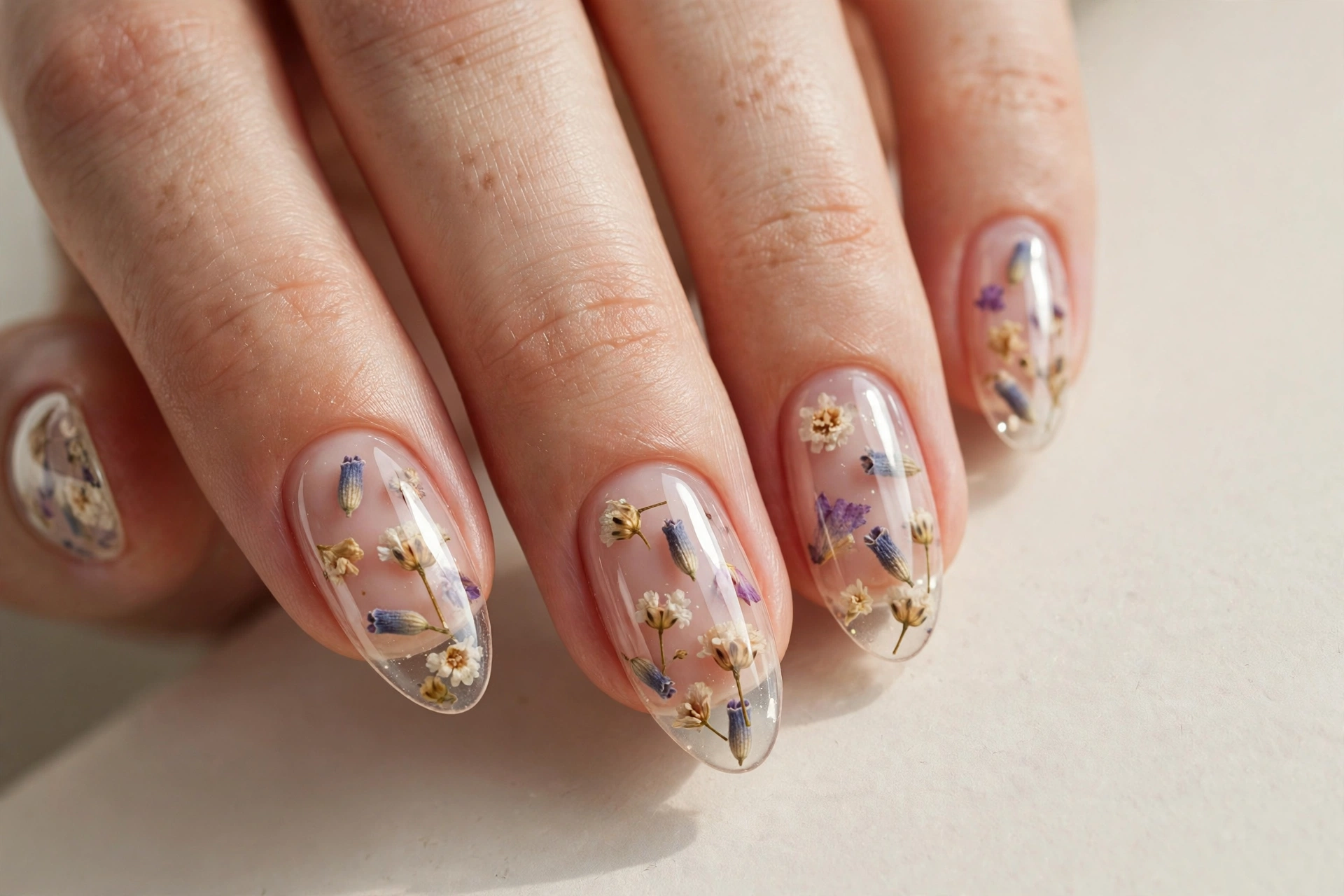 Close-up of almond nails with tiny dried flowers encapsulated under clear glossy nails