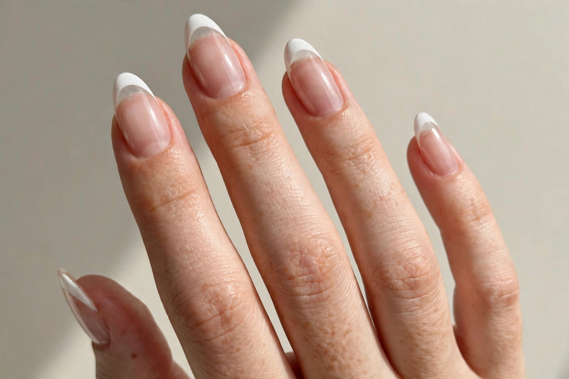 Close-up of almond nails with French tips, white tips on a transparent clear base