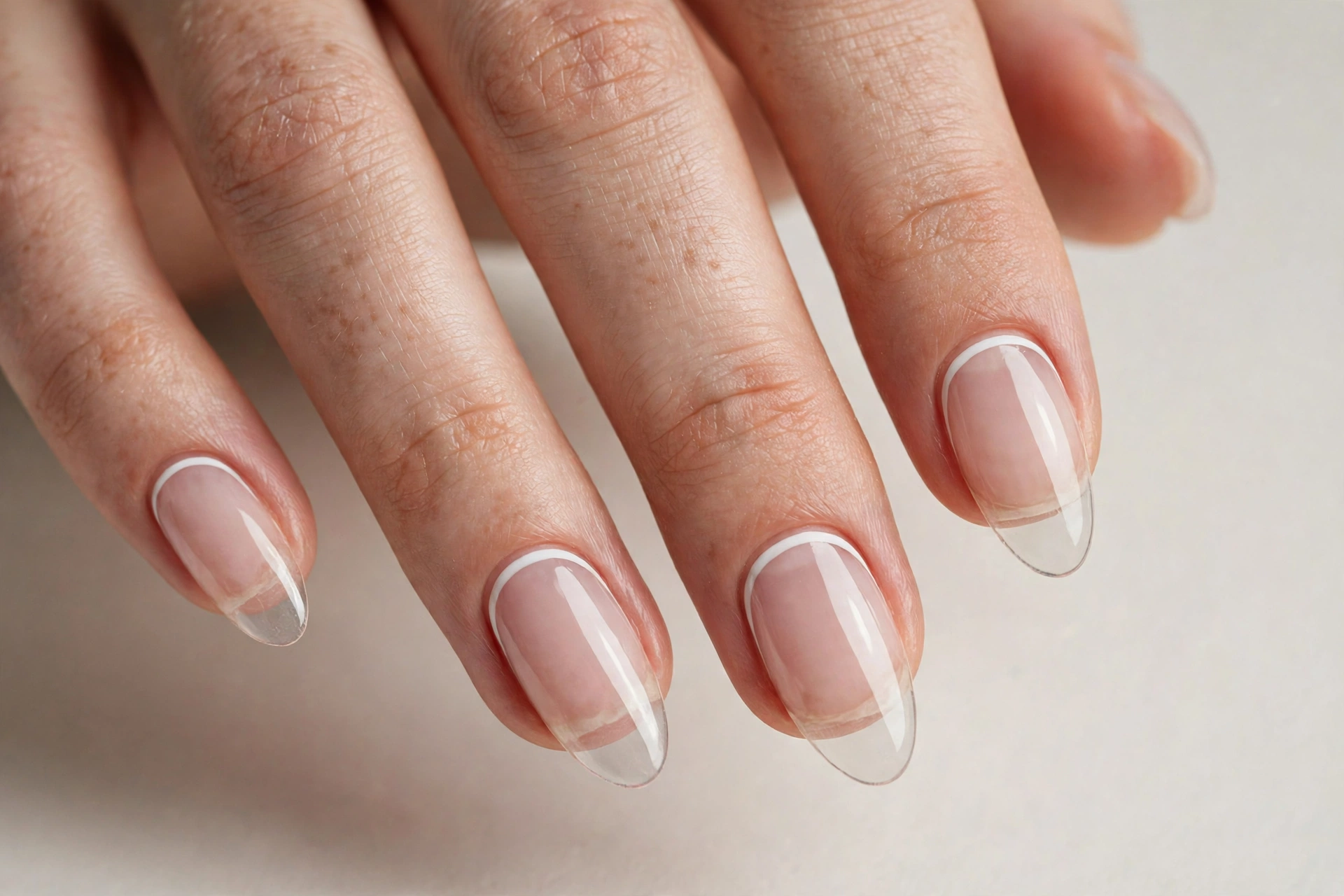 Close-up of almond nails with a reverse French manicure, white smile line near the cuticle on clear nails