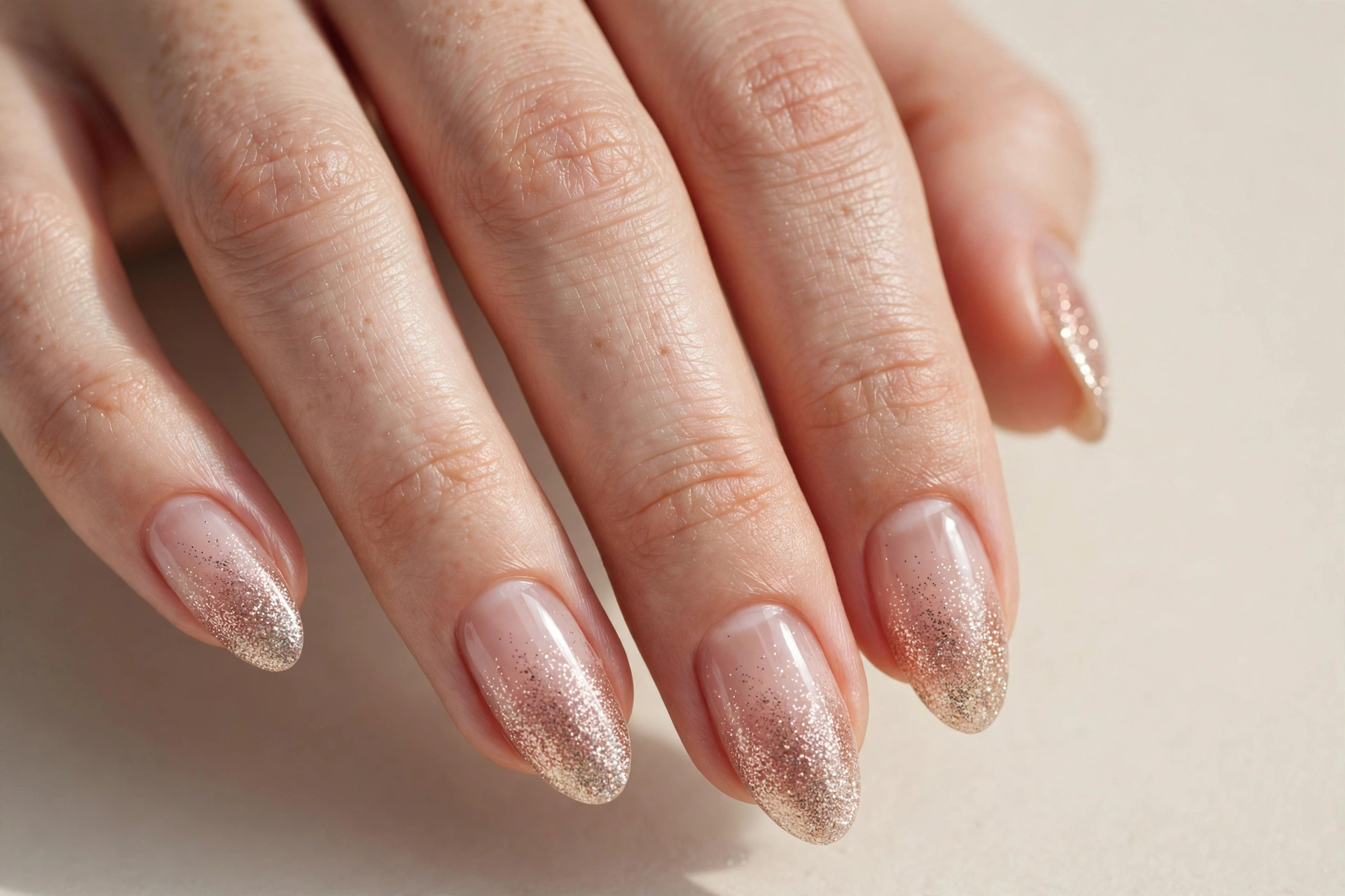 Close-up of almond nails with fine glitter gradient fading from the tip into clear nails