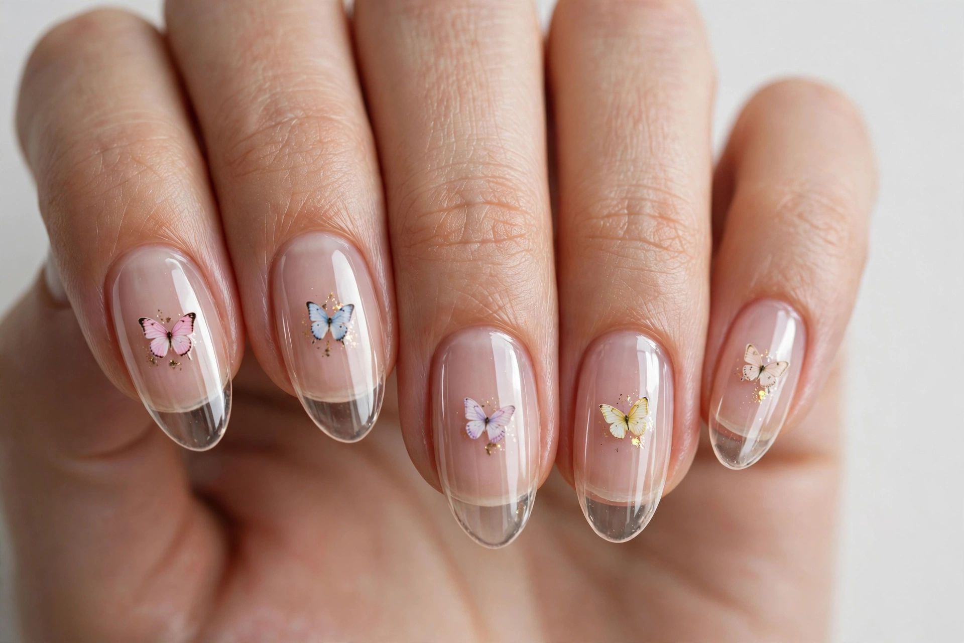 Close-up of almond nails with small butterfly stickers encapsulated under clear glossy nails