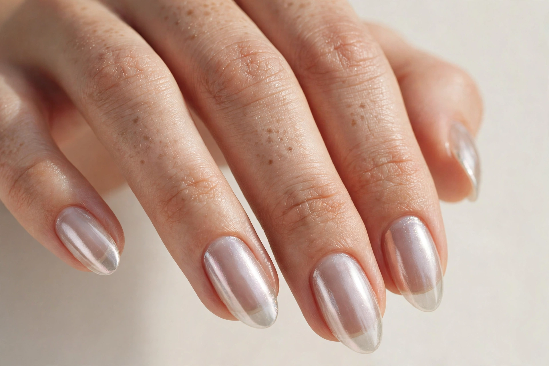 Close-up of almond nails with a subtle chrome sheen over clear glossy nails
