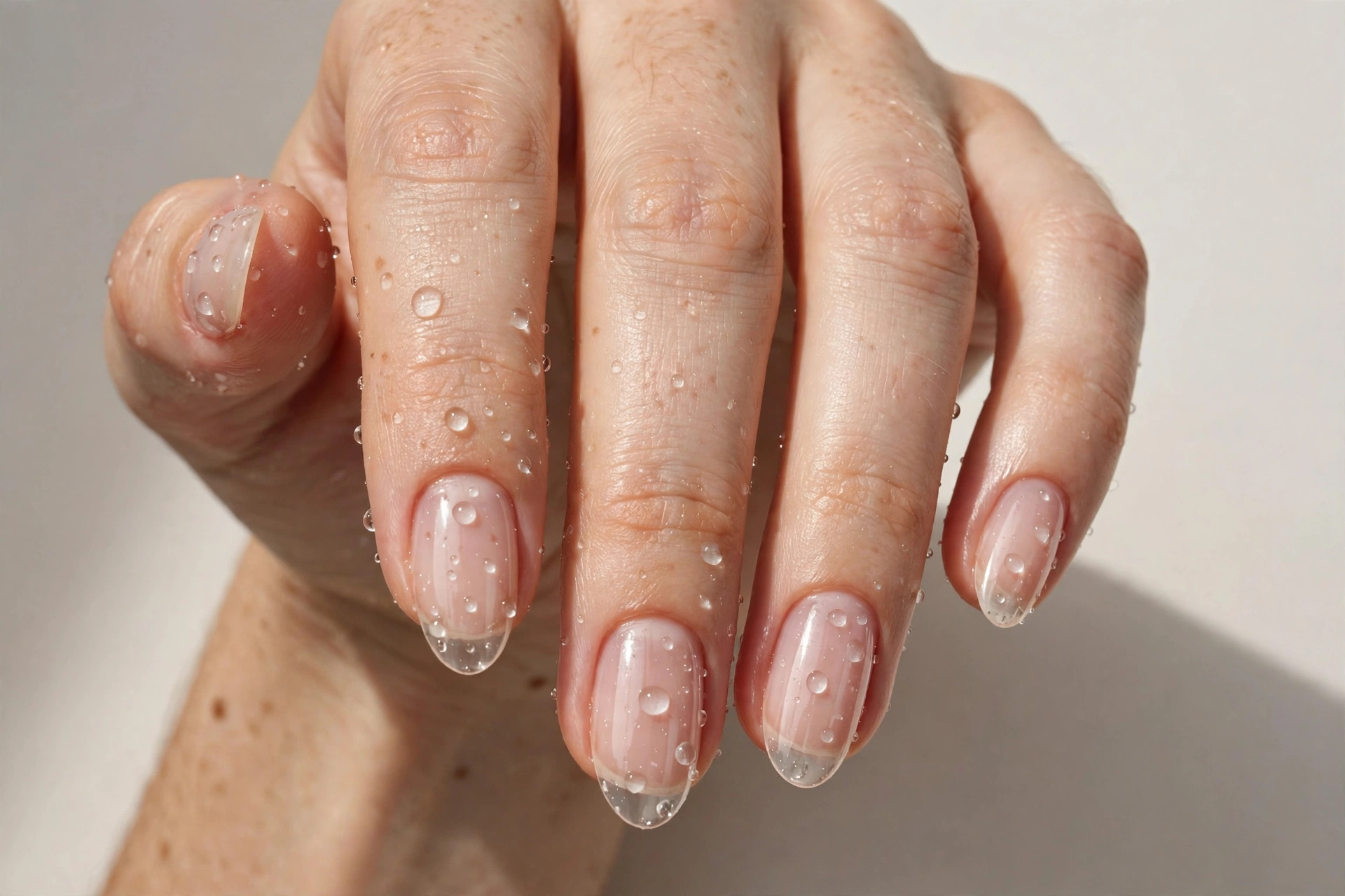 Close-up of almond nails with a water droplet effect on clear glossy nails
