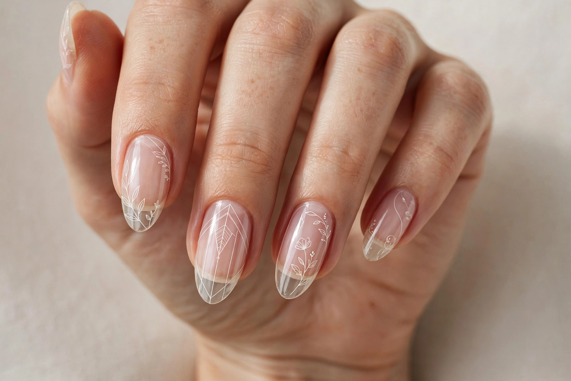 Close-up of almond nails with delicate thin white line art on clear glossy nails