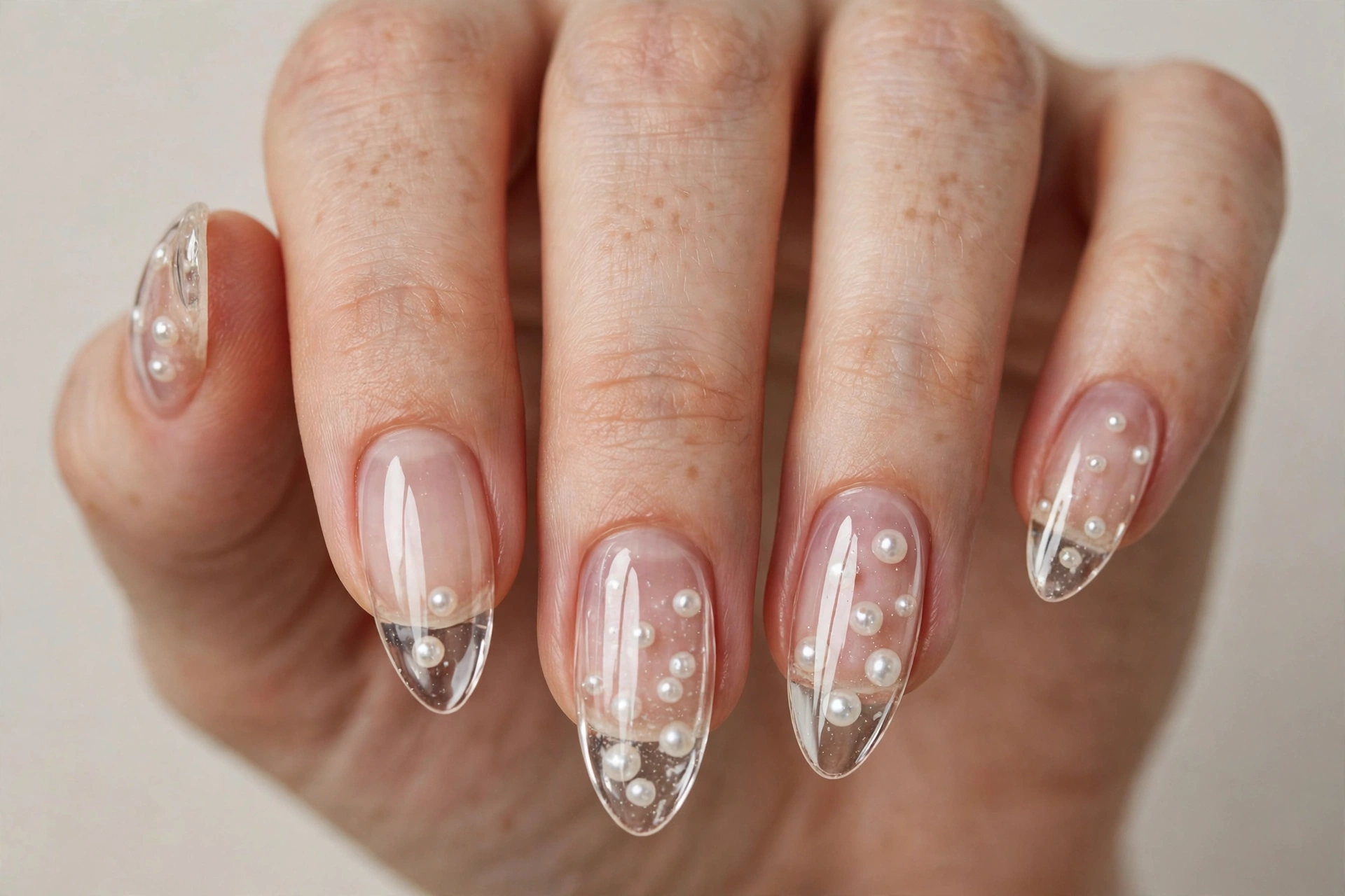 Close-up of almond nails with tiny white pearls encapsulated under clear glossy nails