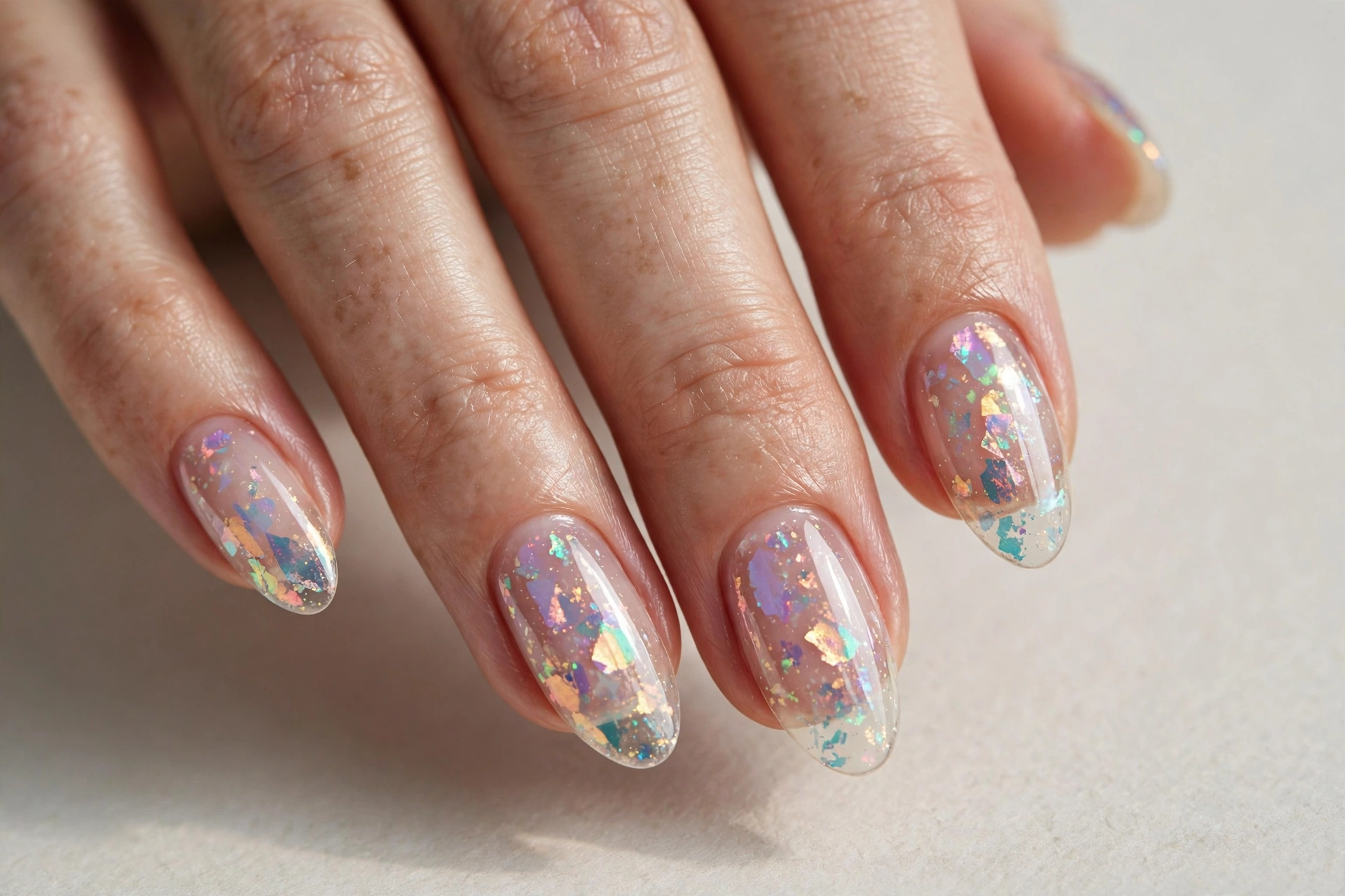 Close-up of almond nails with iridescent flakes shimmering inside clear glossy nails