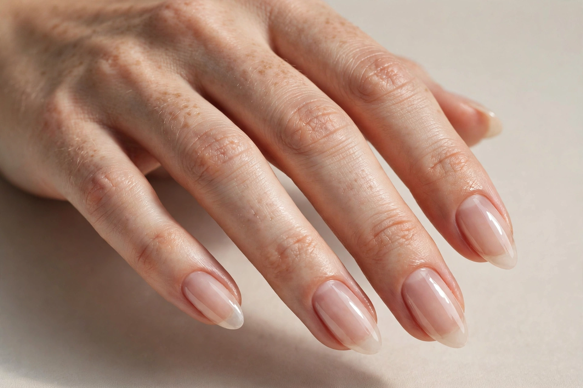 Close-up of natural almond nails with a high-gloss clear top coat, naked nail look
