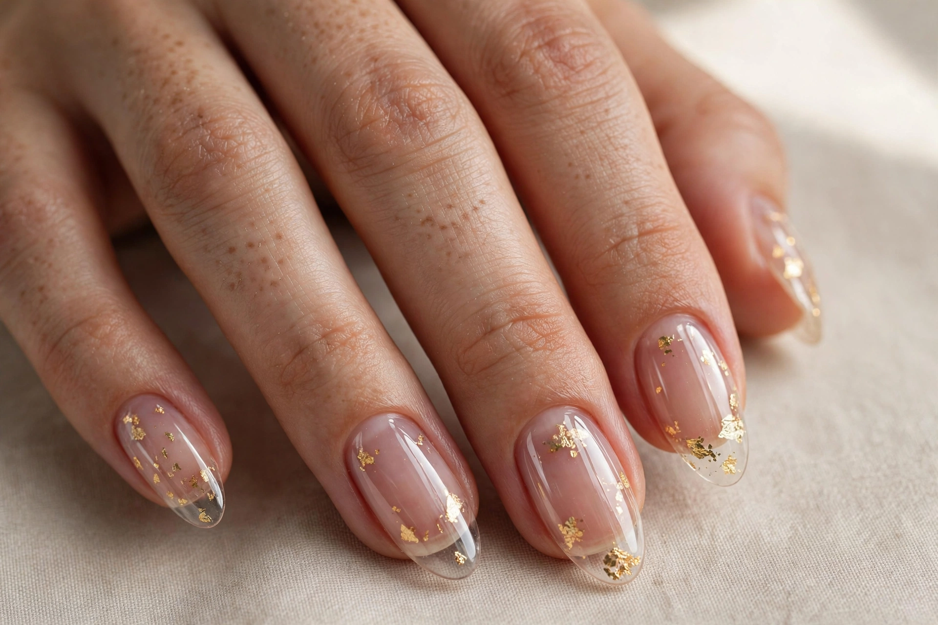 Close-up of almond nails with small gold foil accents on clear glossy nails