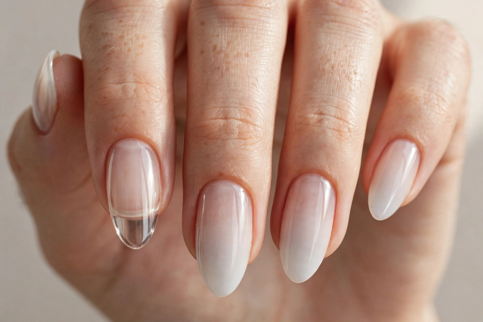 Close-up of almond nails with a glass ombre fade from clear to milky white