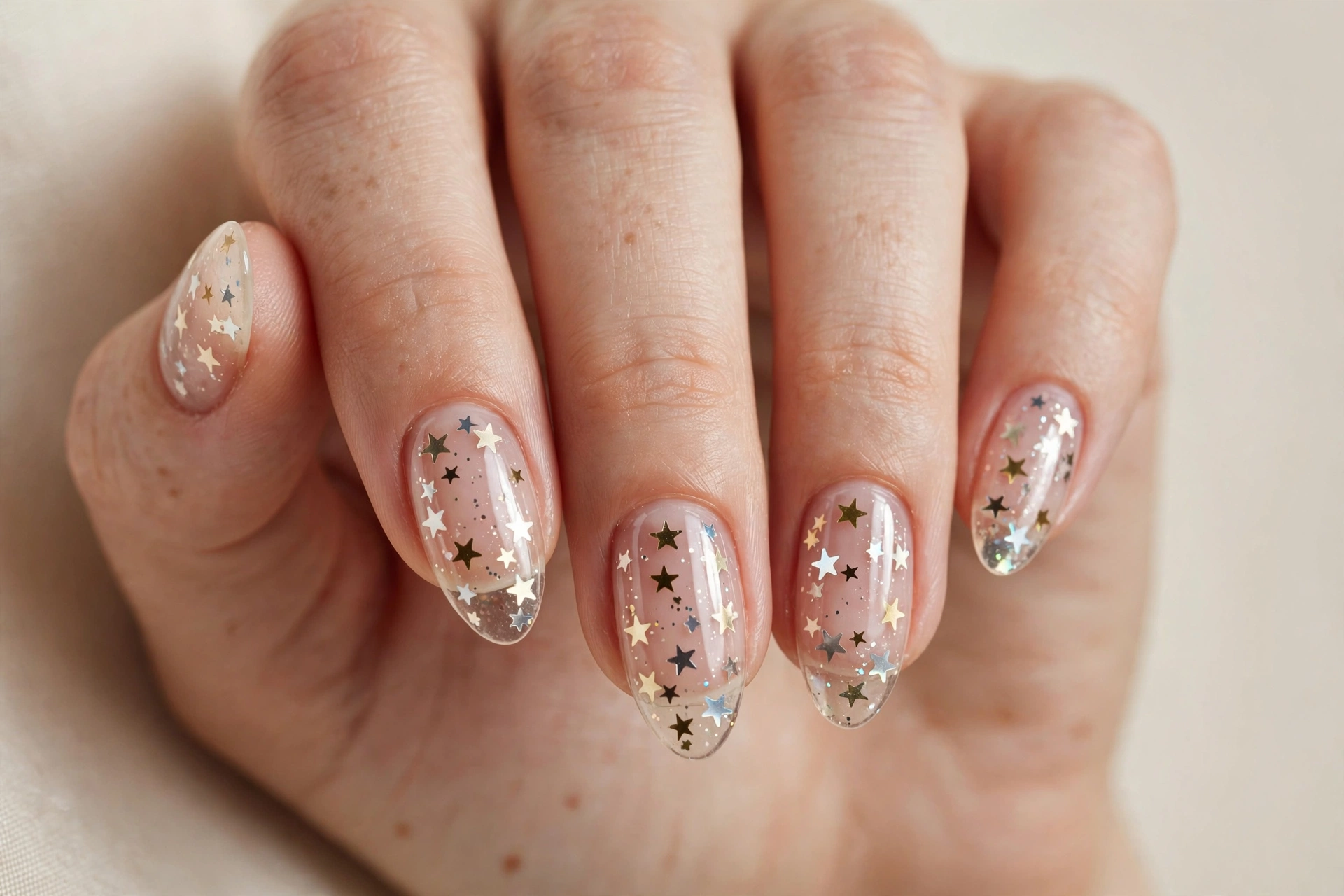 Close-up of almond nails with tiny star sequins encapsulated under clear glossy nails