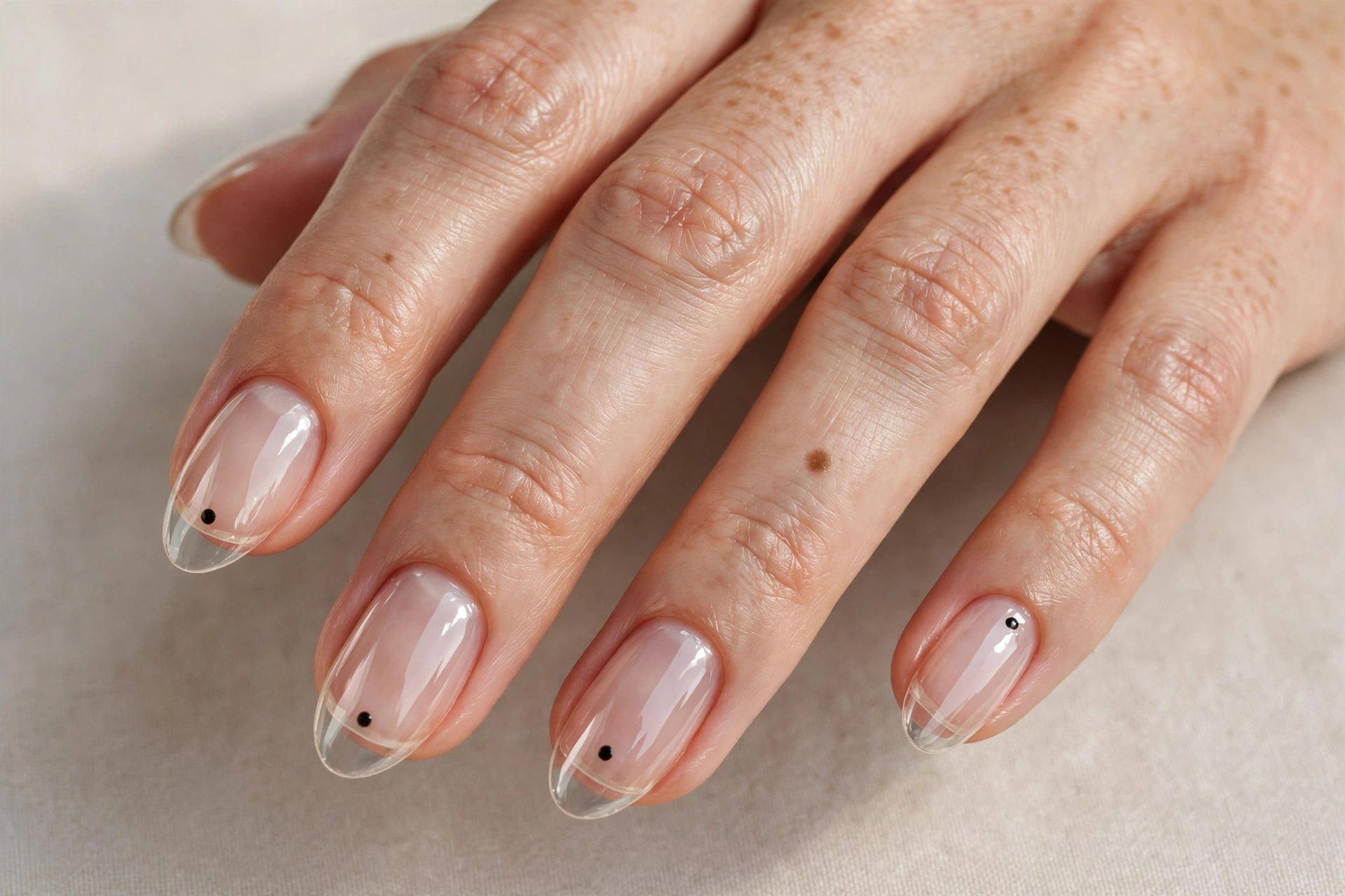 Close-up of almond nails with minimal single black dot accents on clear glossy nails