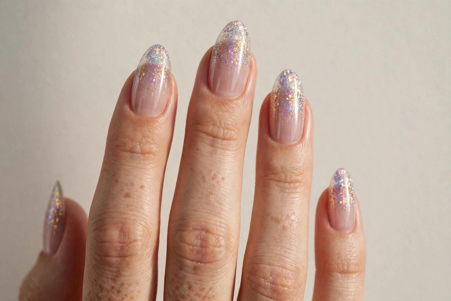 Close-up of almond nails with a holographic glitter fade on clear glossy nails