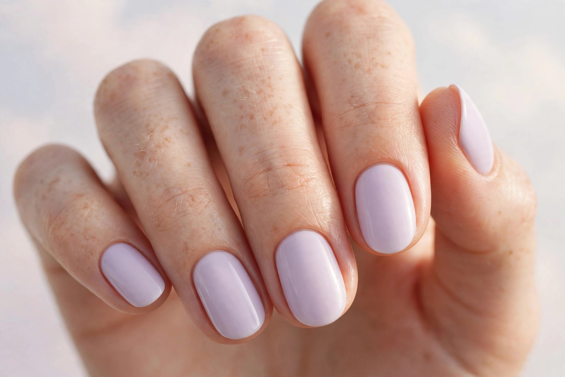 Solid lavender milk pastel polish on short oval nails