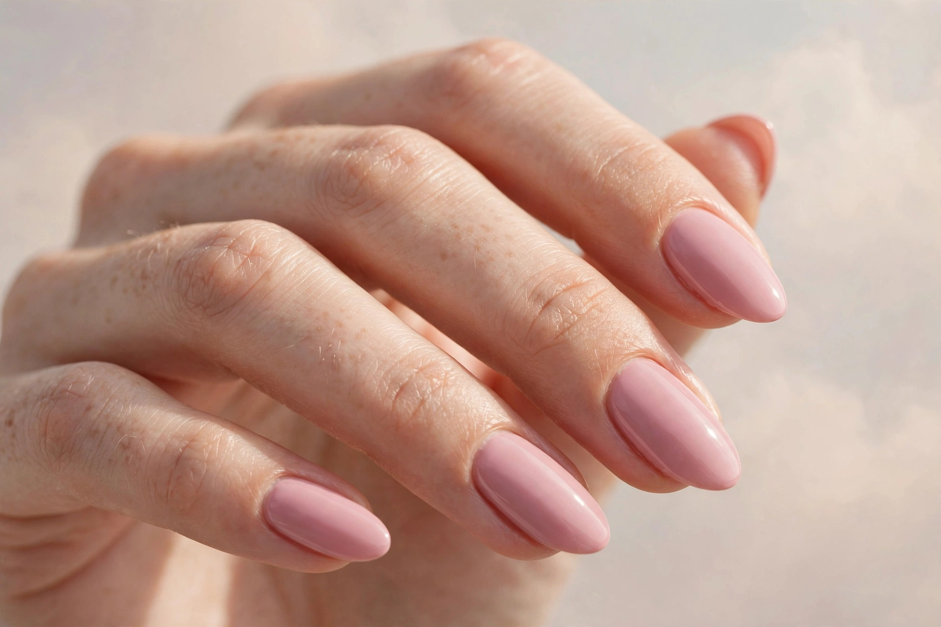 Solid dusty pink pastel polish on almond nails