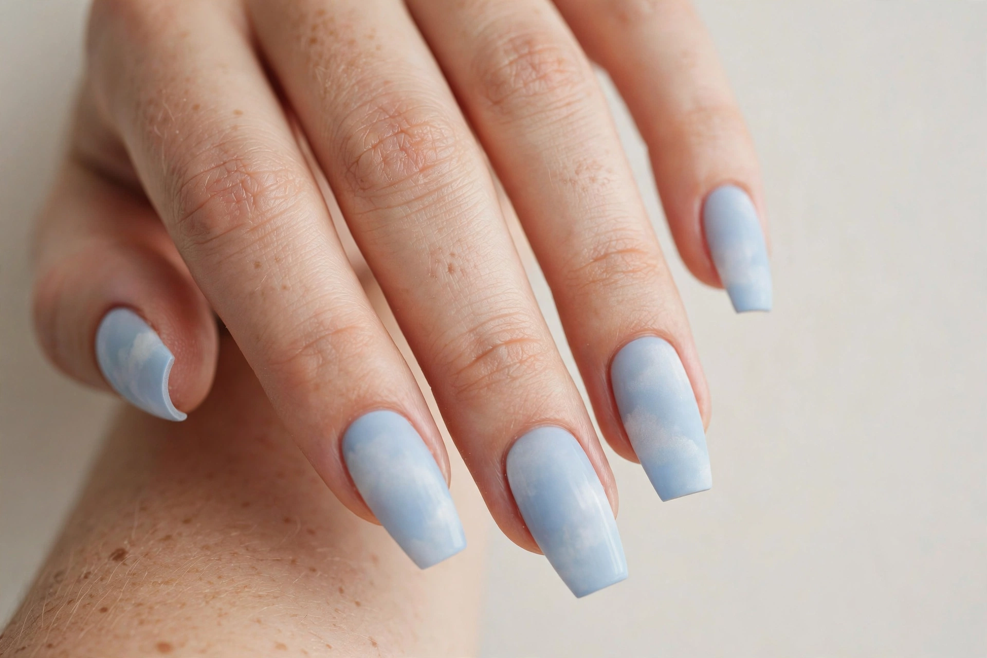 Hazy baby blue pastel manicure on coffin nails