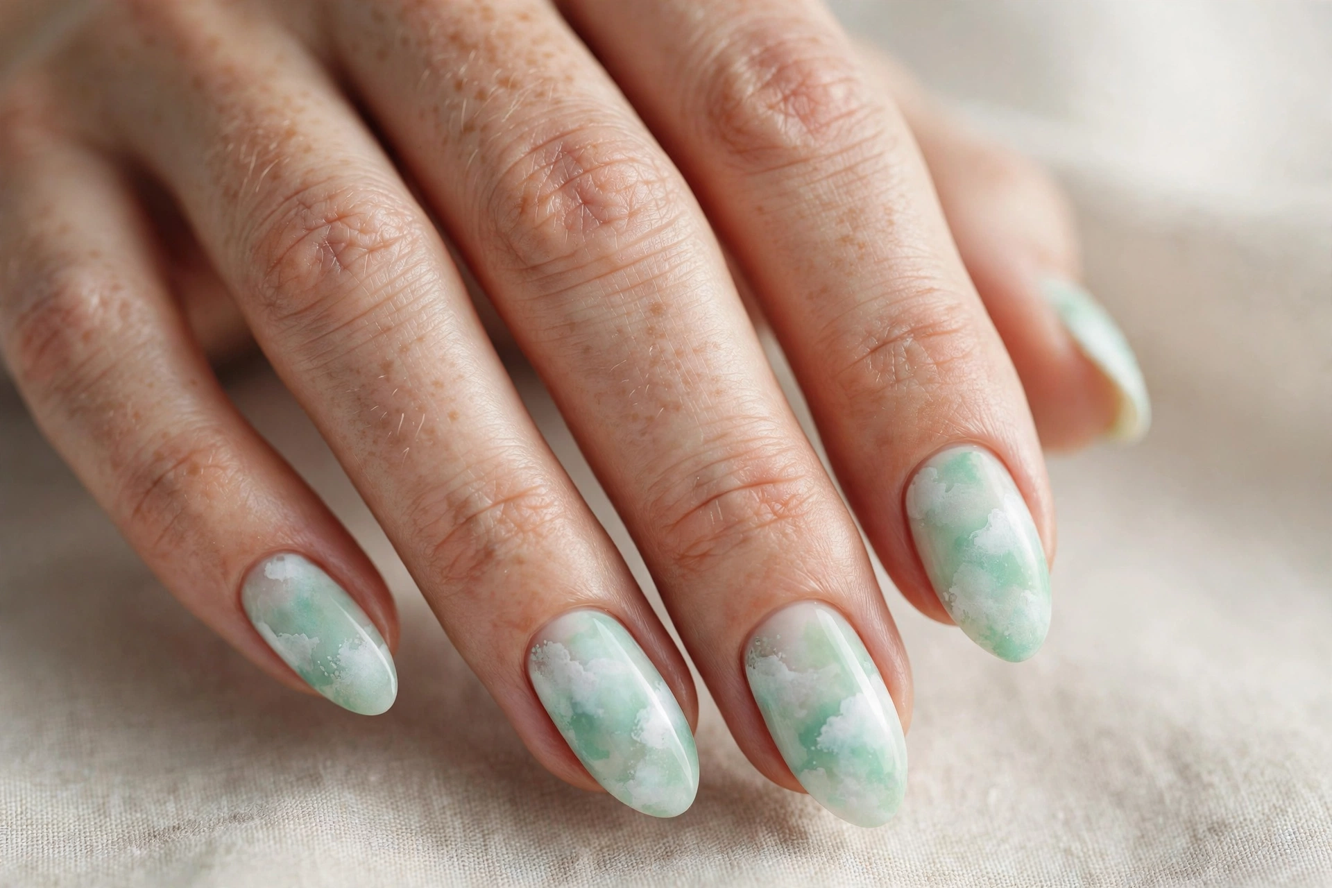 Mint green pastel cloud-wash manicure with soft watercolor effect