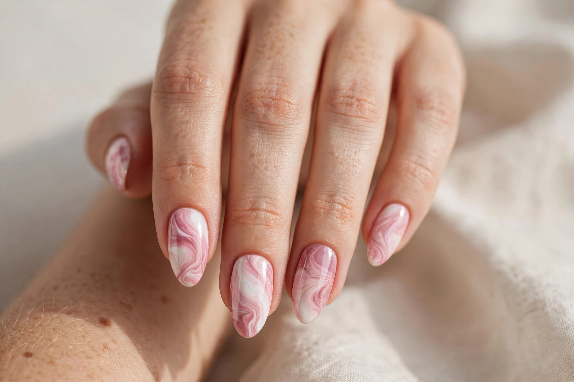 Rosewater pink and white marble swirl nail art