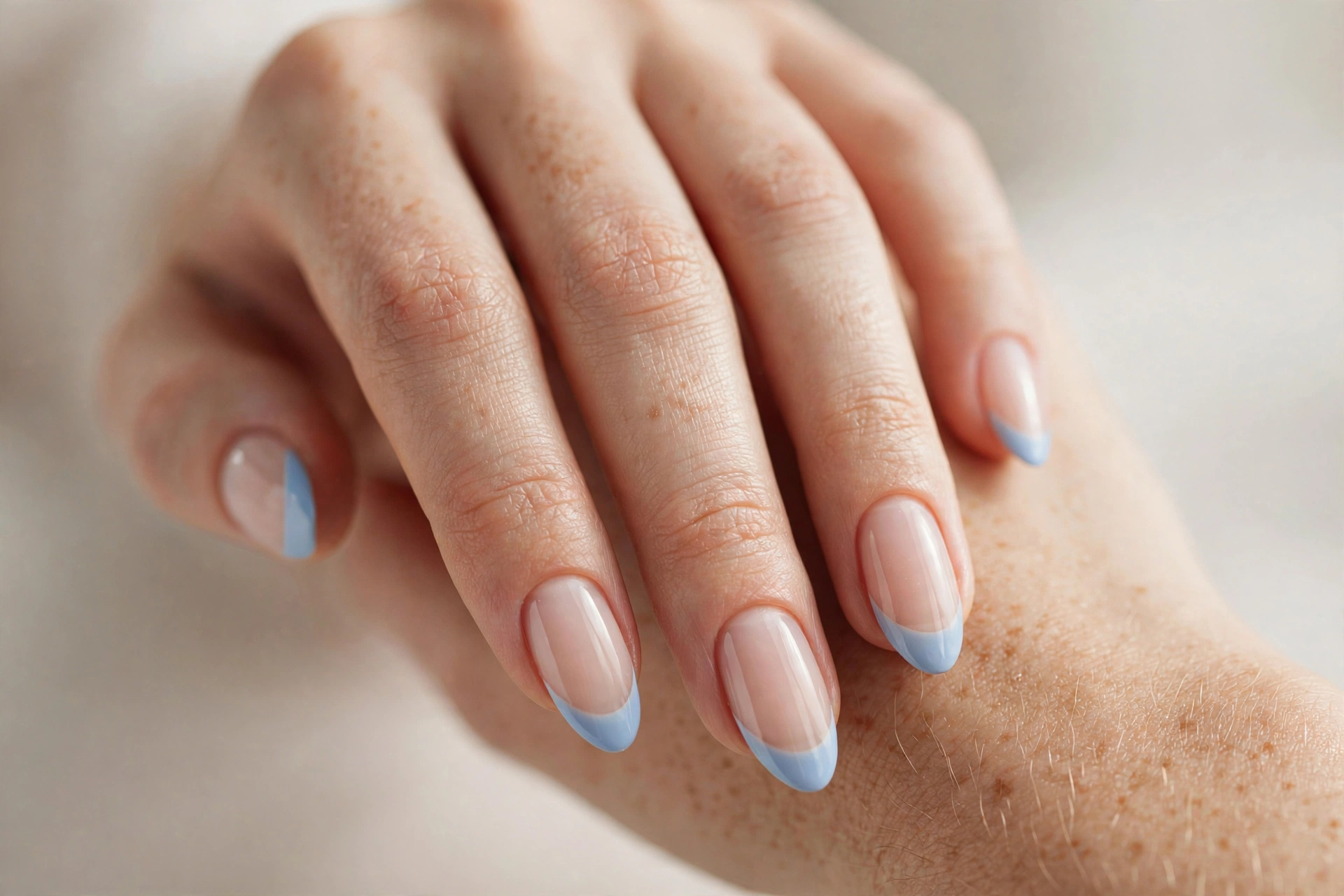 Powder blue French tips on sheer nude base