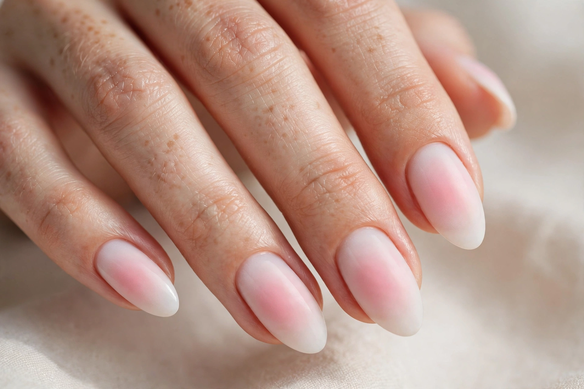 Blush pink aura nails with soft glowing center fading to milky edges