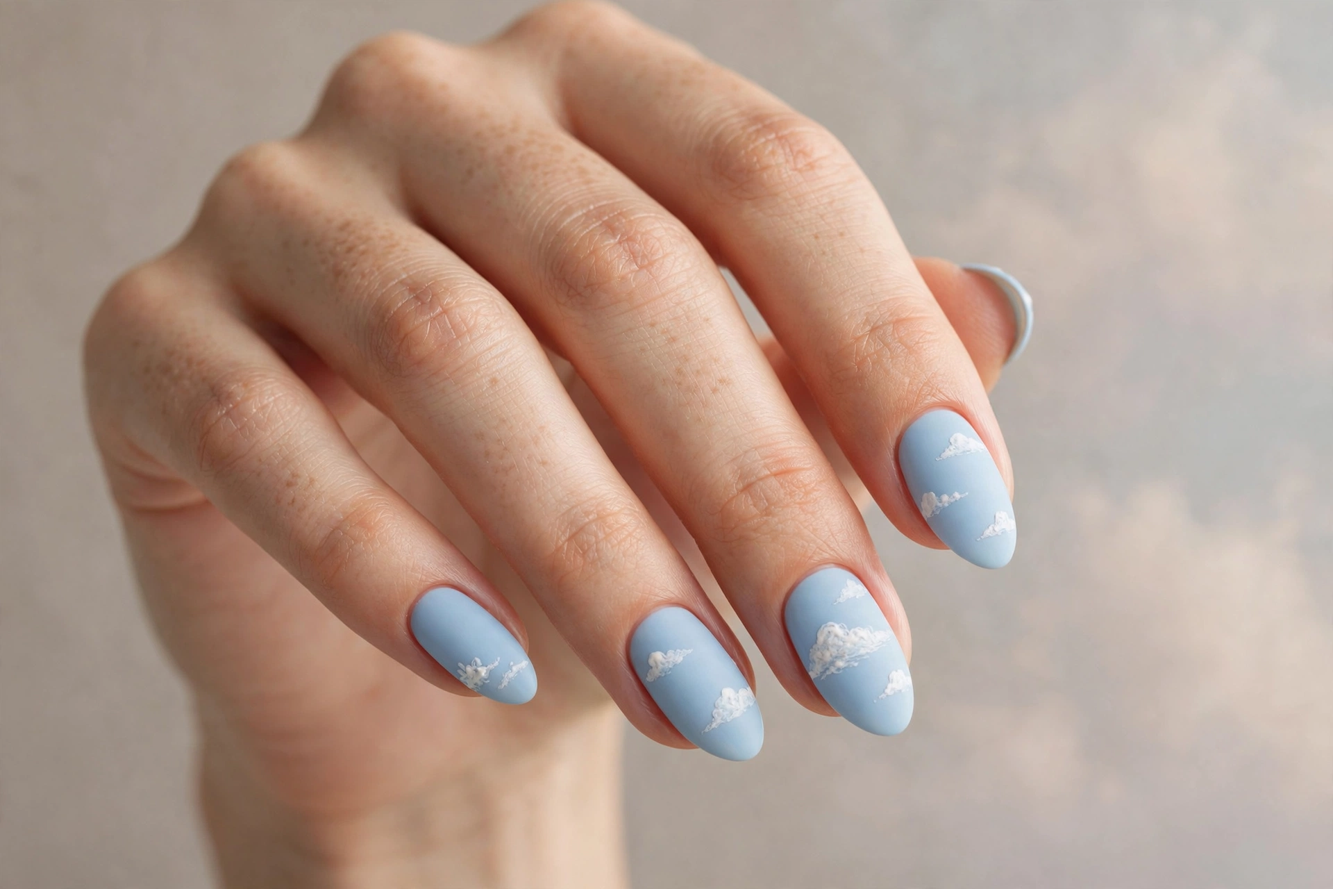 Pastel sky blue nails with tiny hand-painted white clouds