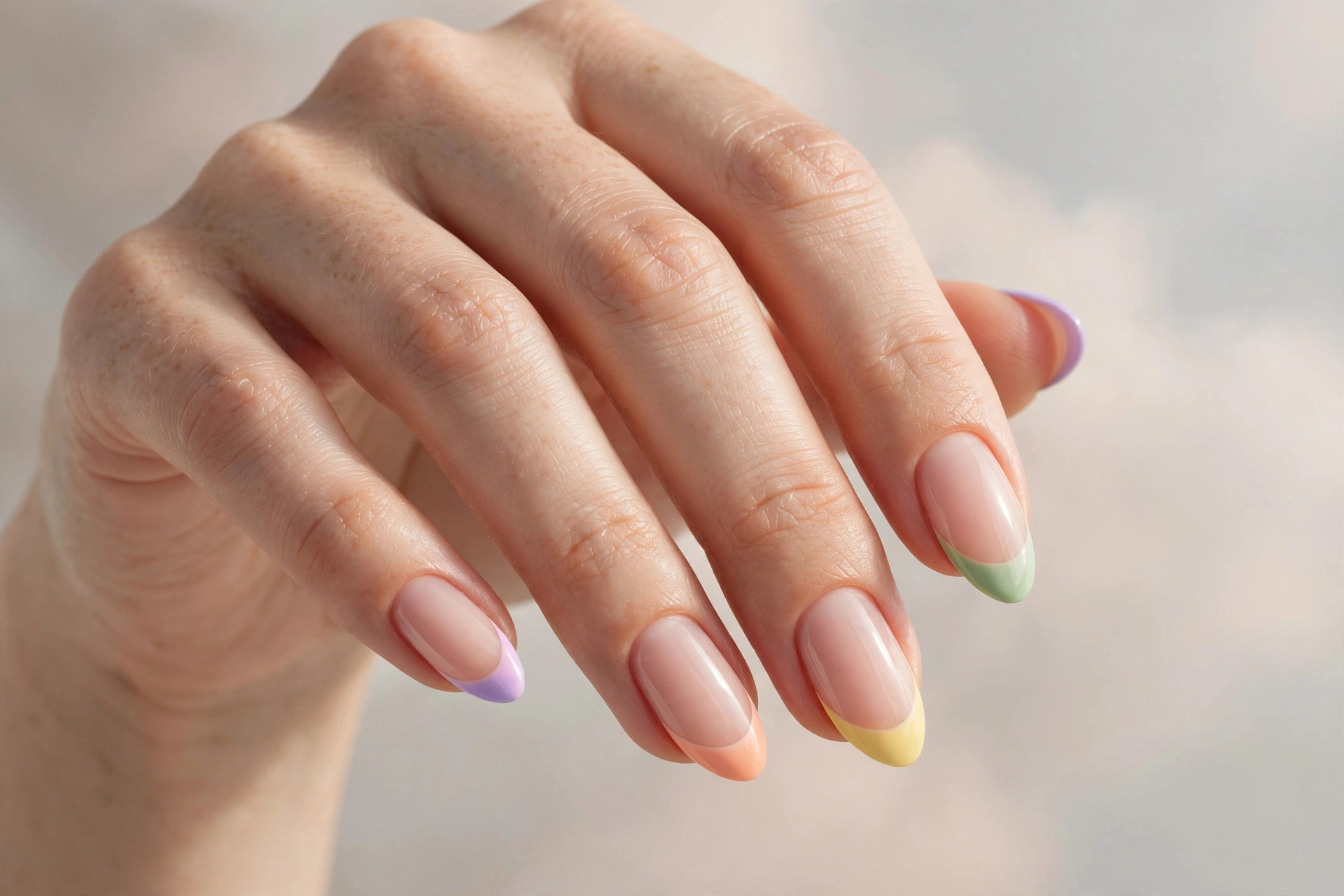 Pastel rainbow French tips, each nail a different pastel shade