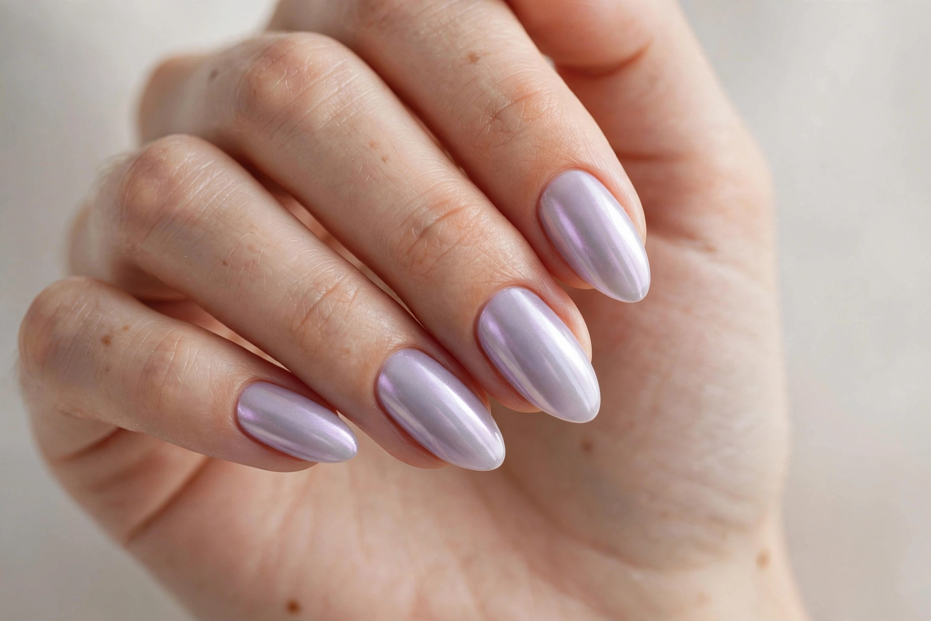 Milky lavender chrome metallic nails with soft pearlescent shine