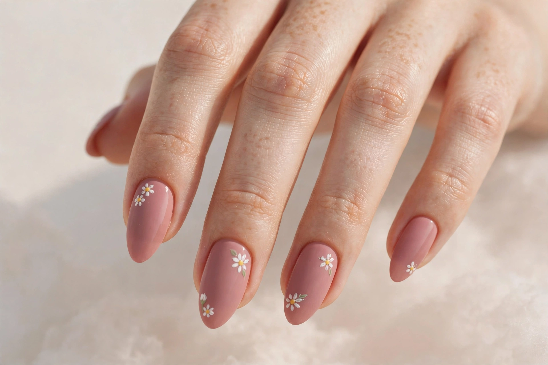 Dusty rose nails with tiny white daisy flowers