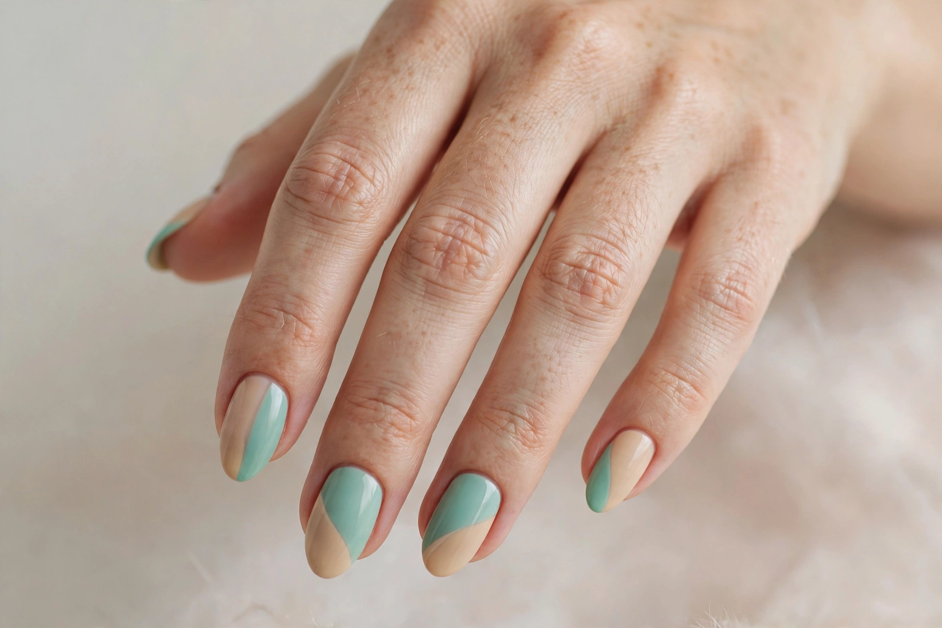 Seafoam green and sandy beige two-tone pastel nails