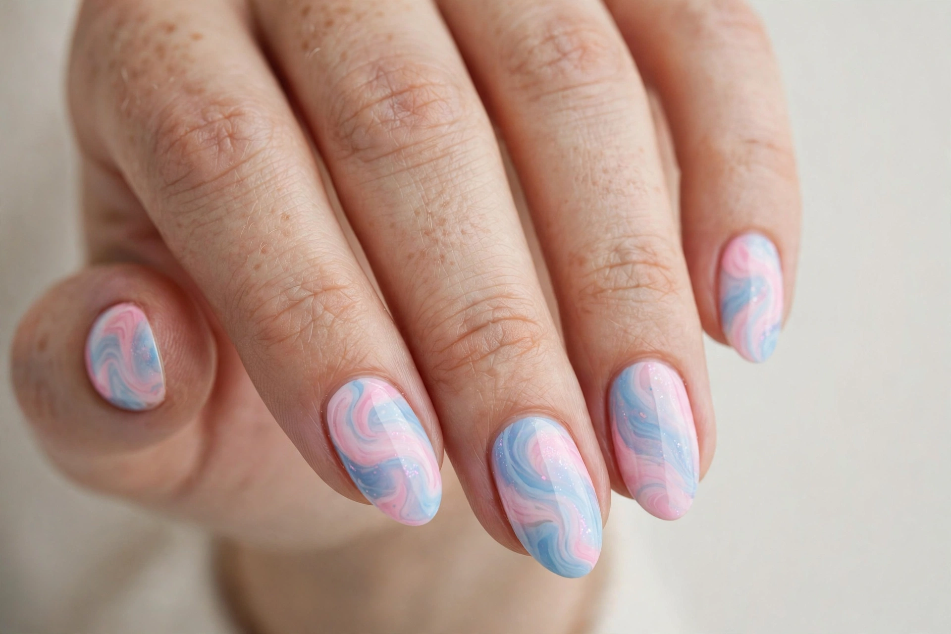 Cotton candy pink and blue swirl nail art