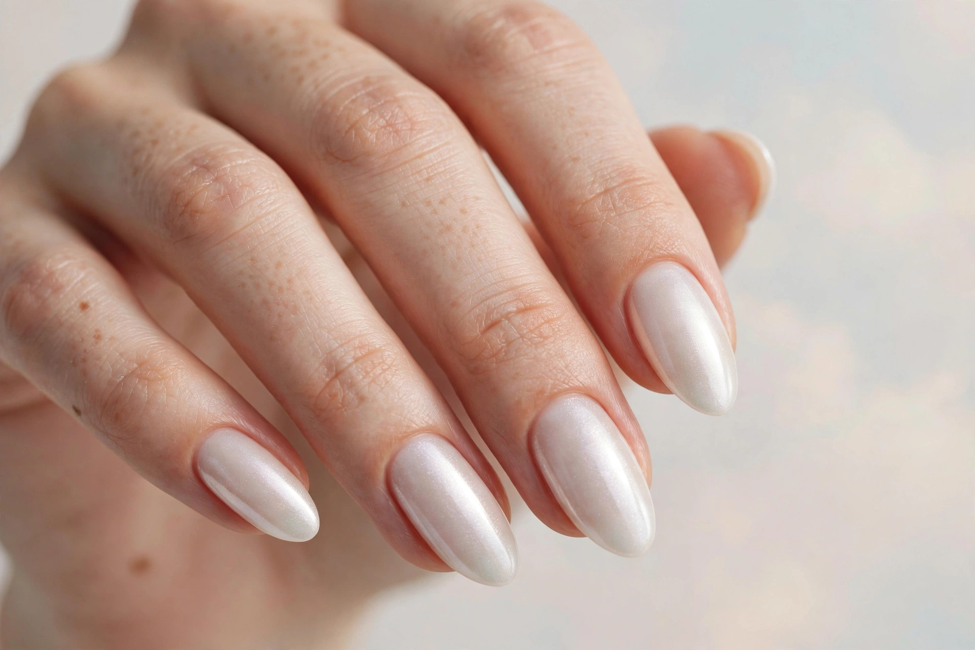 Frosted pearl white shimmer nails with glazed donut style finish