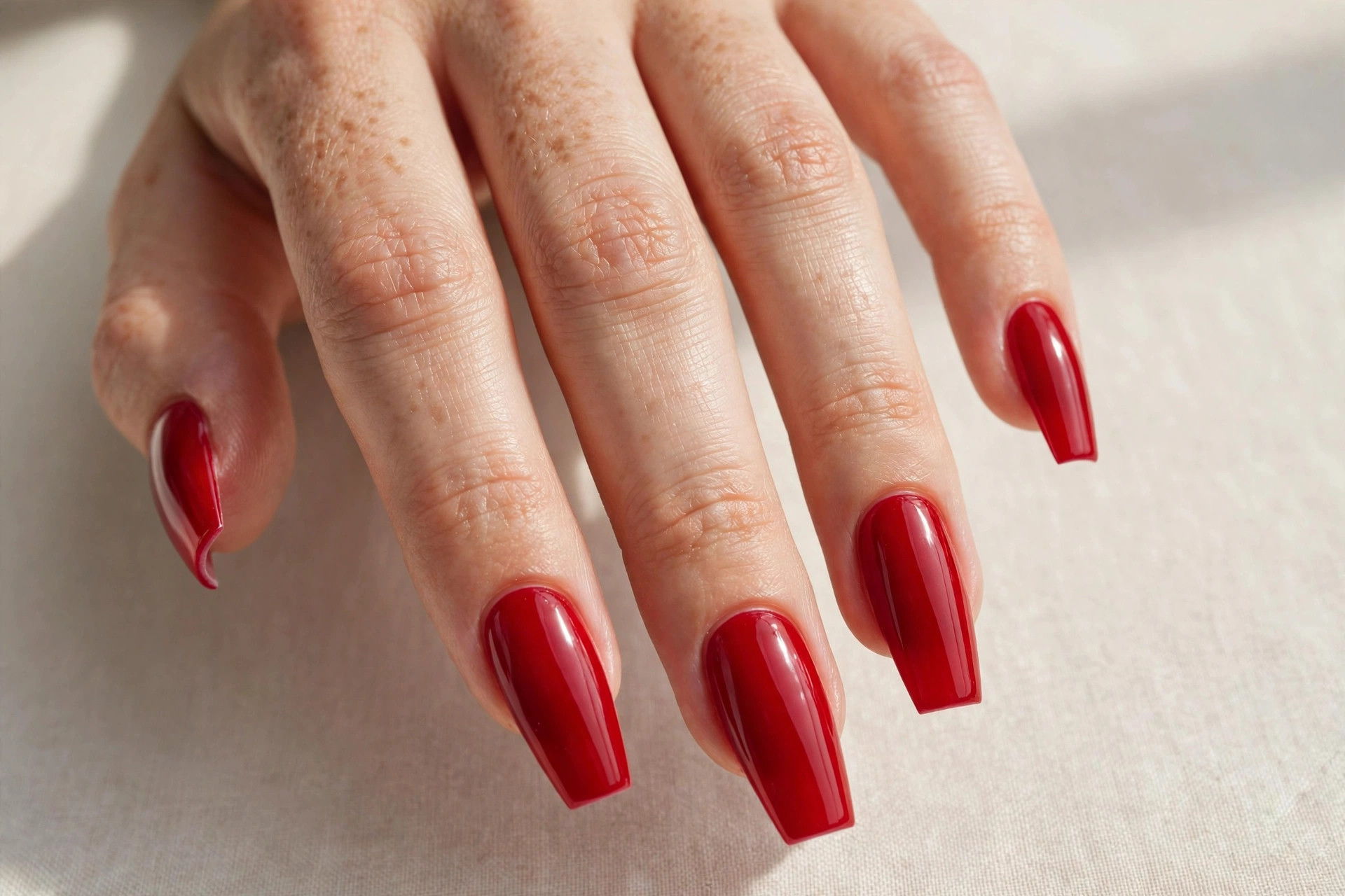 Cherry red glossy coffin nails