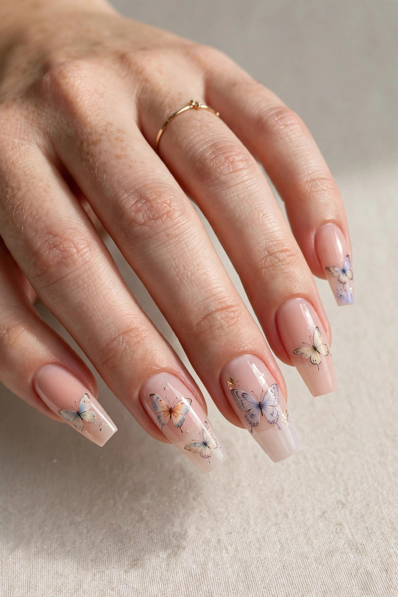 Butterfly nail art on coffin nails