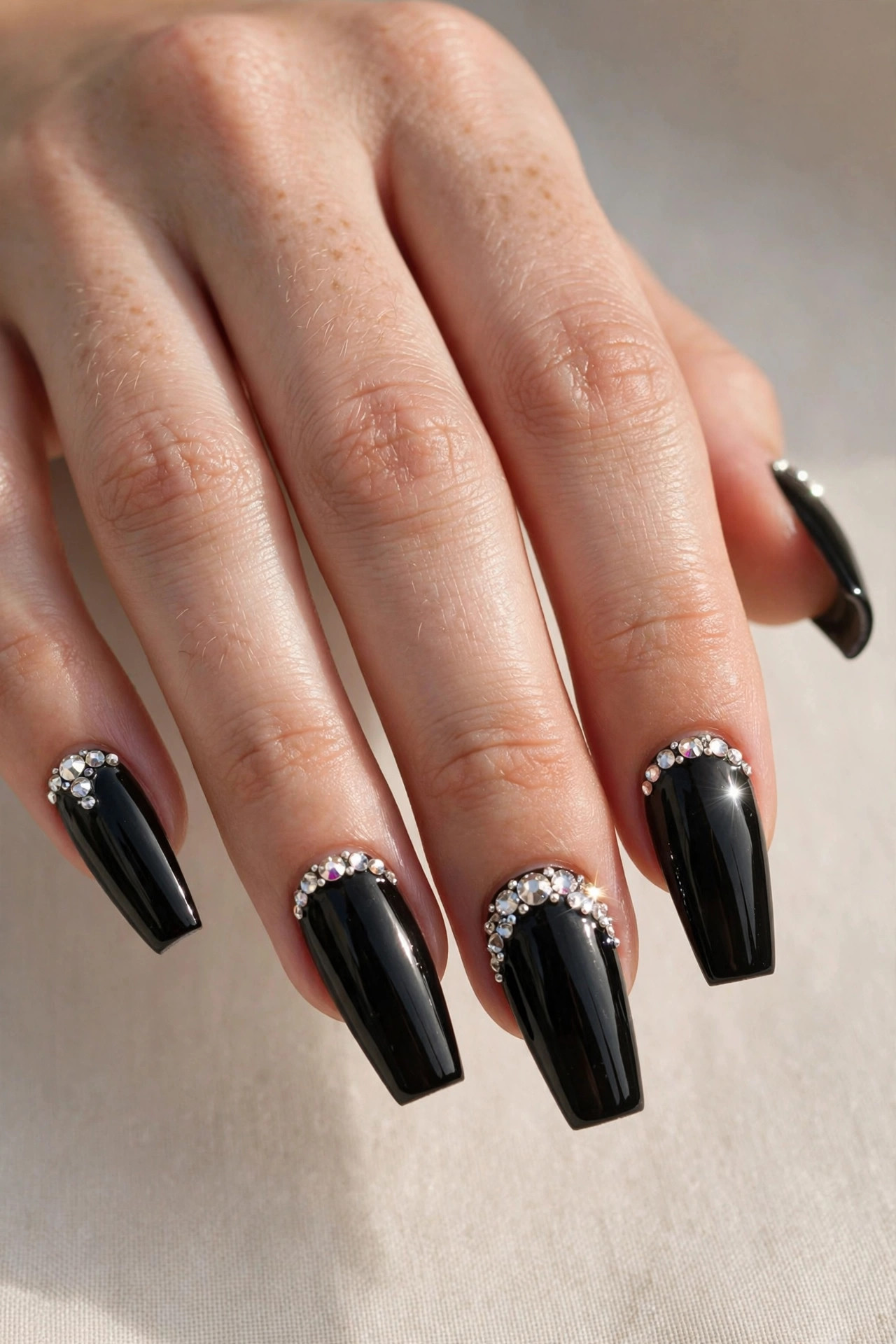 Black coffin nails with rhinestone crystals