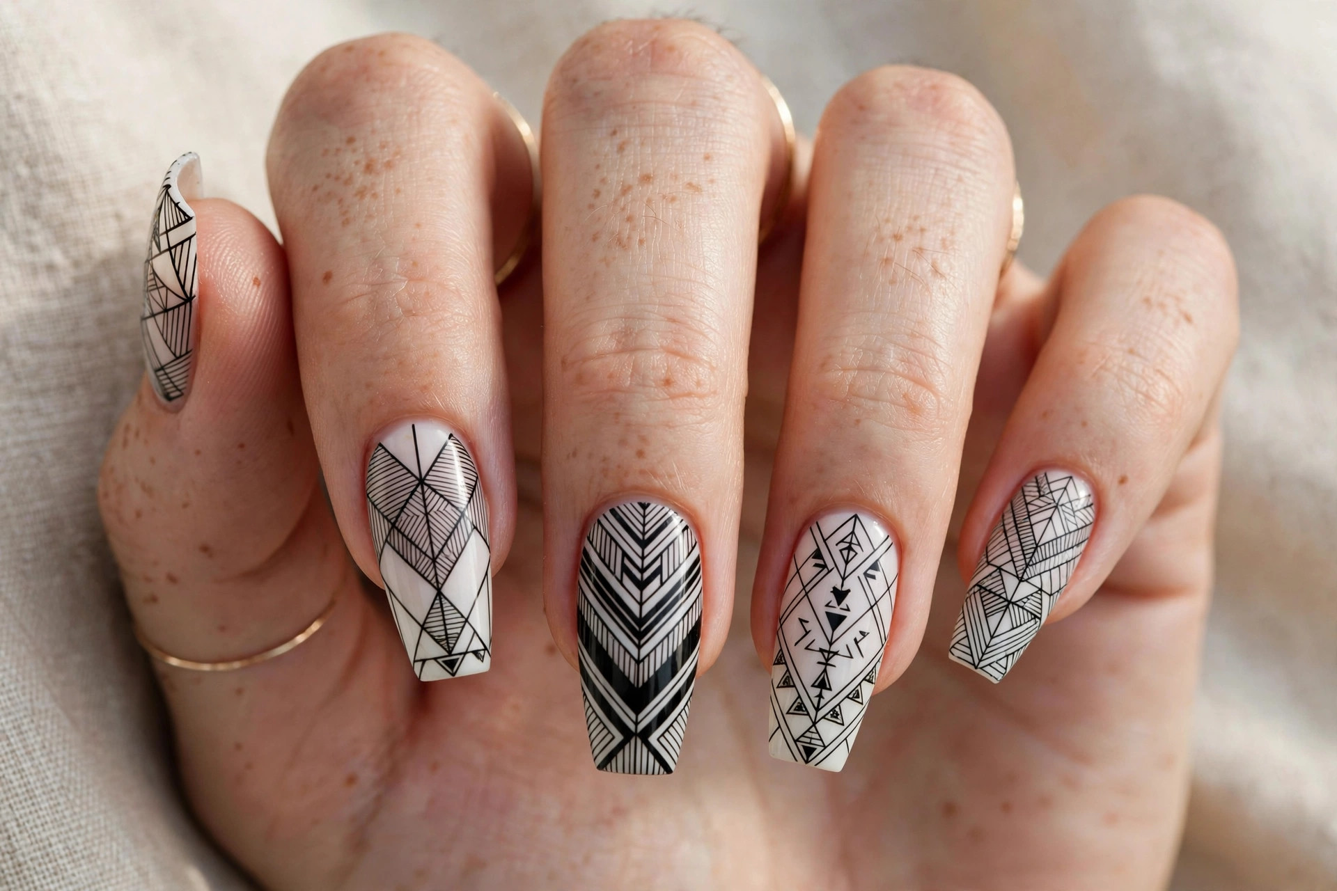 Black and white geometric line art coffin nails