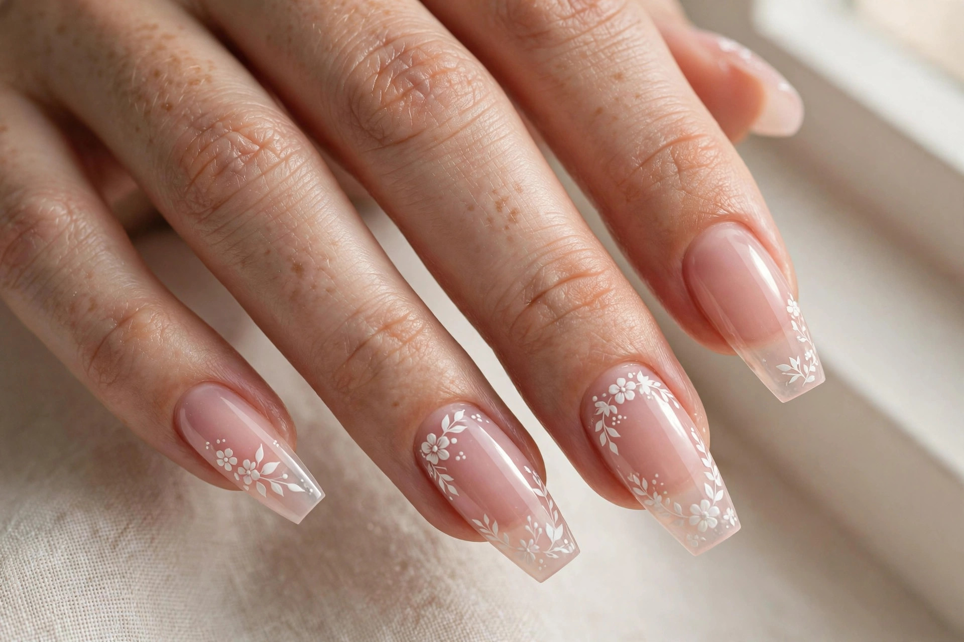 Dainty white floral art on sheer pink coffin nails