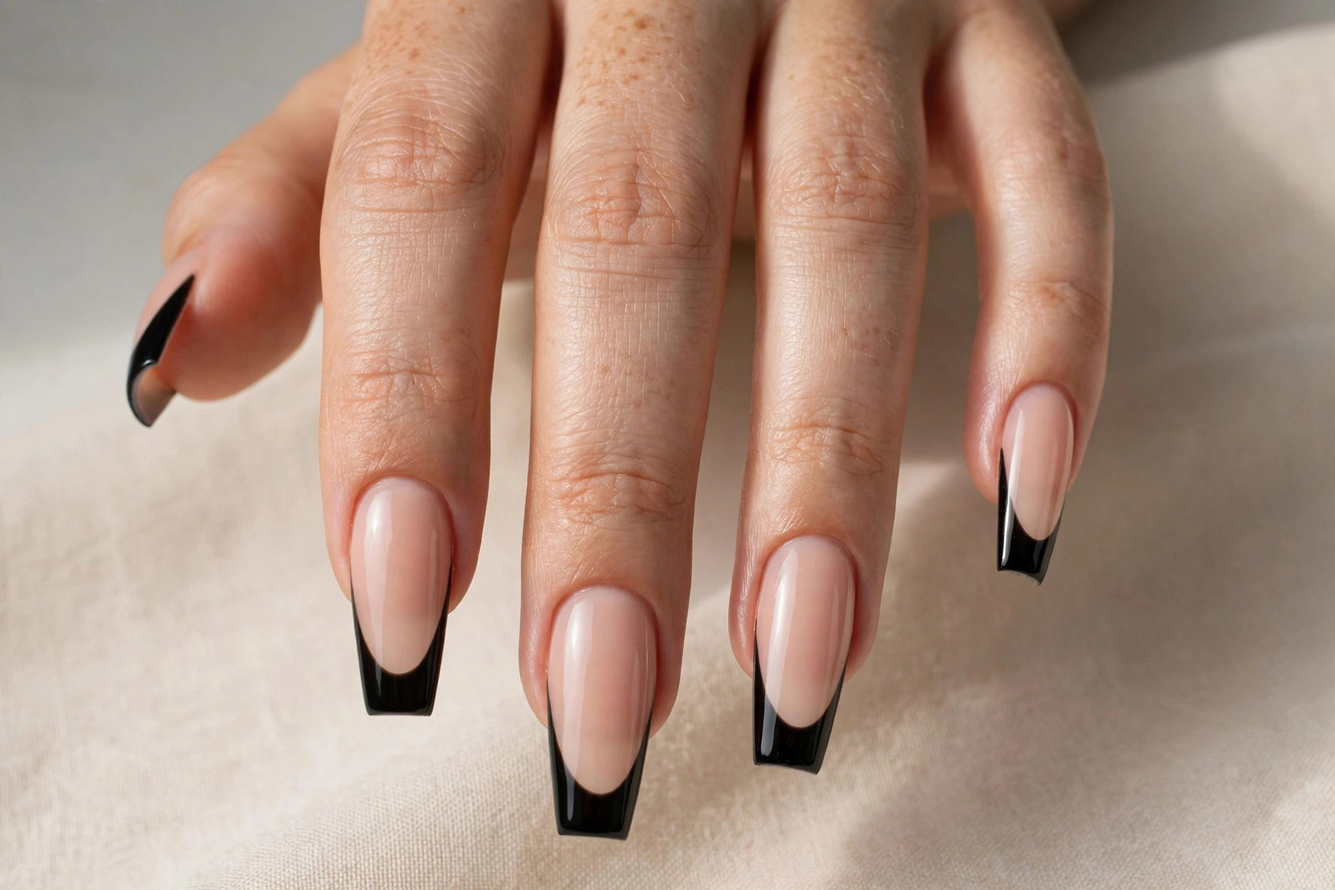 Black french tip coffin nails on nude base