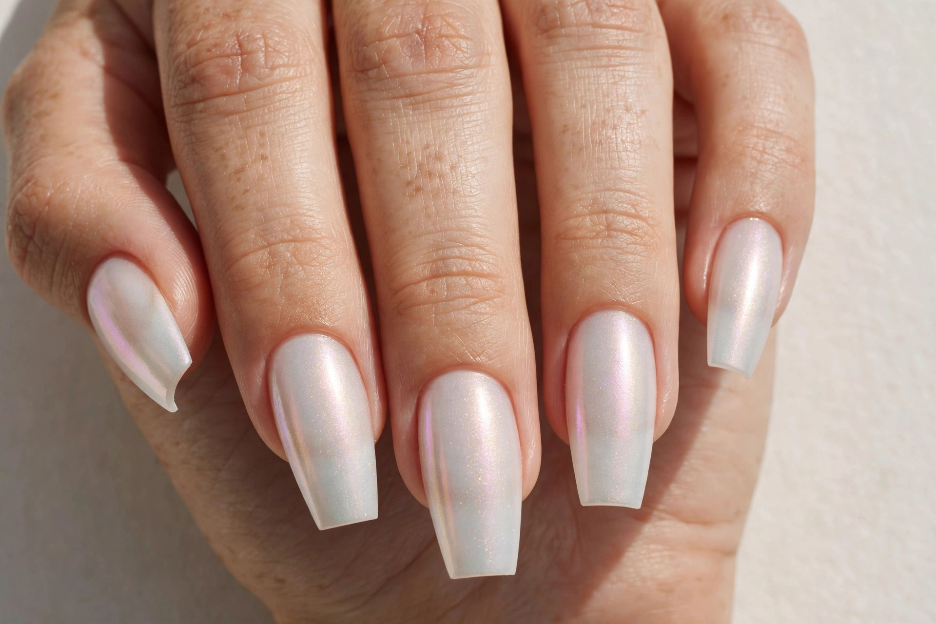 Frosted pearl white iridescent coffin nails