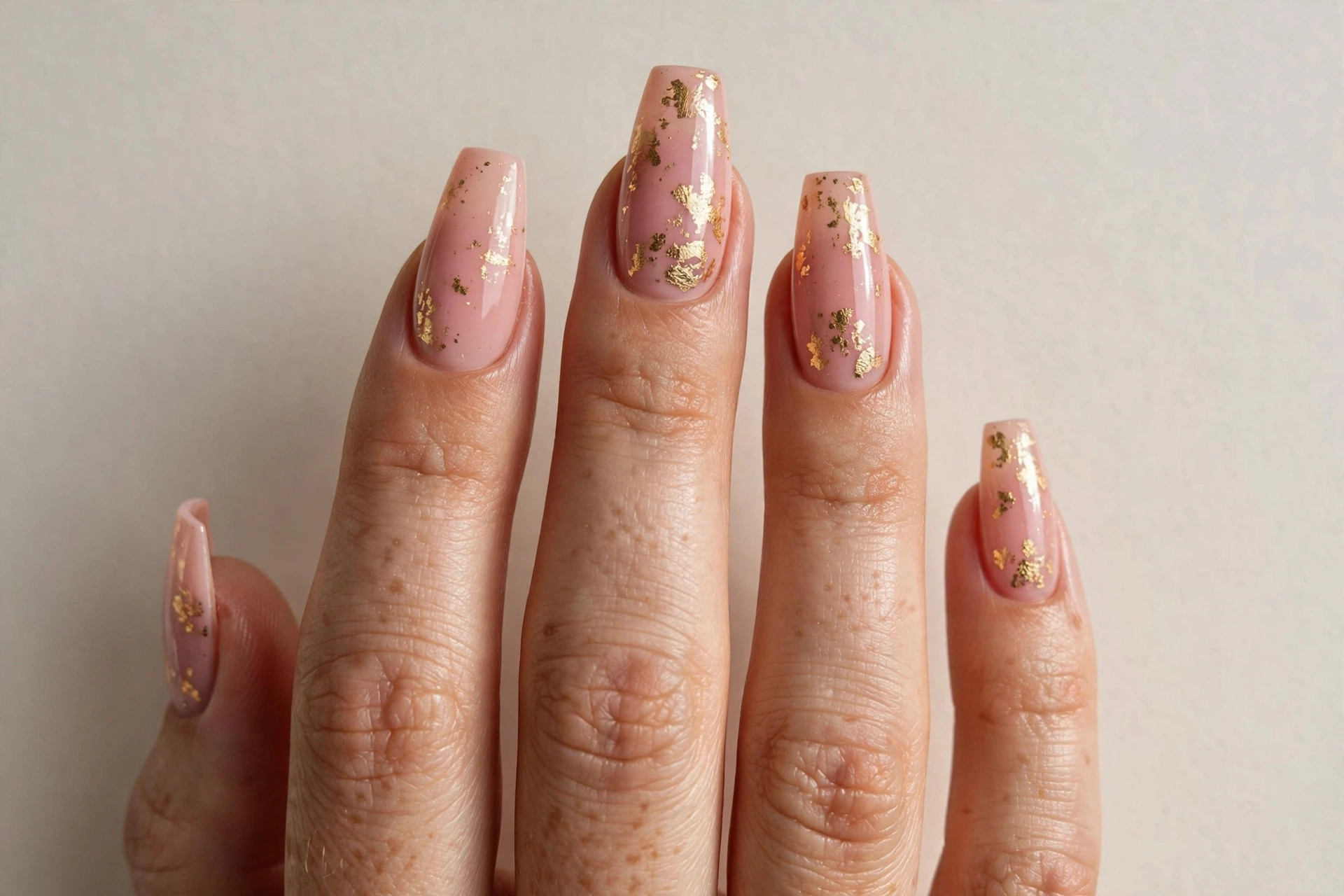 Blush pink coffin nails with gold foil flakes